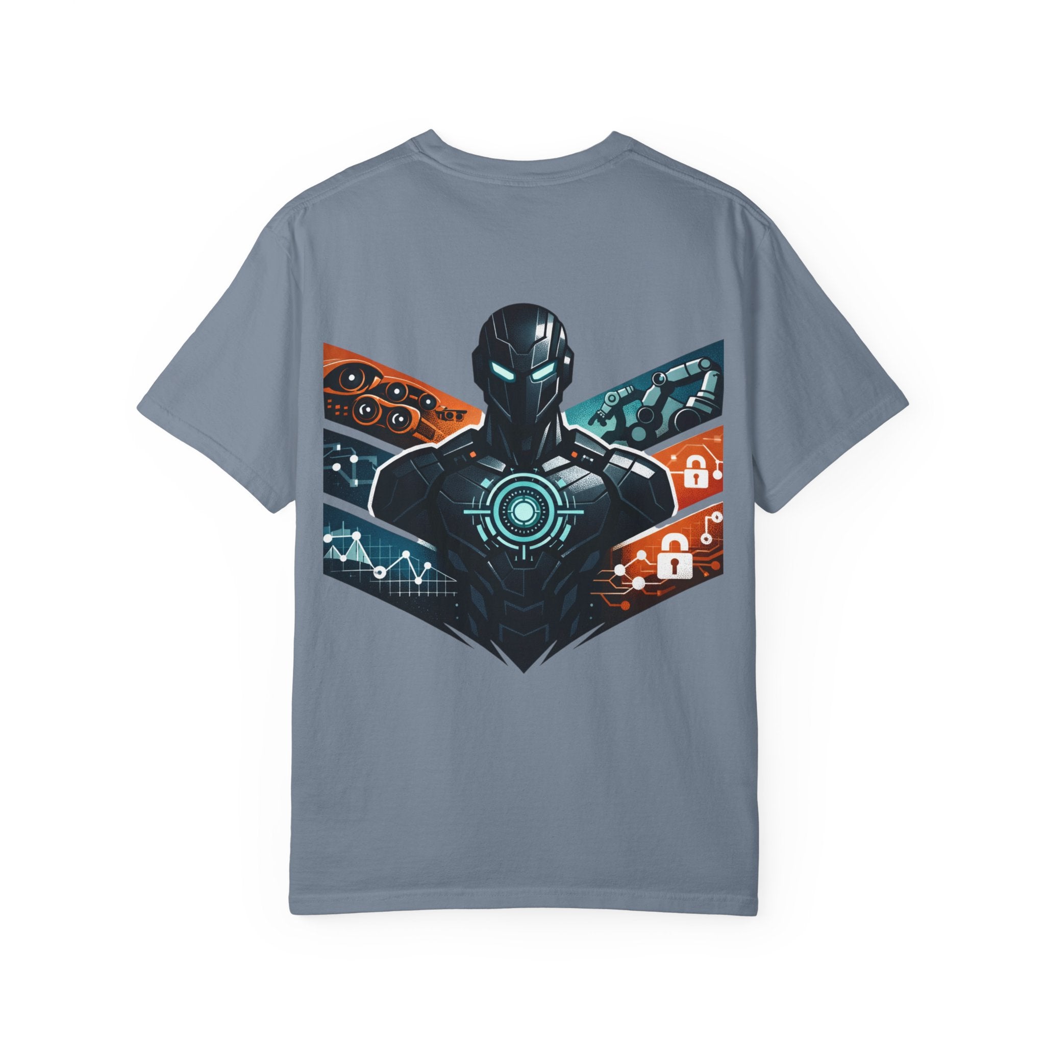 Power Runs Black Cyberframe Unit T-Shirt — Futuristic Tech Armor Graphic Tee by Power Runs Black