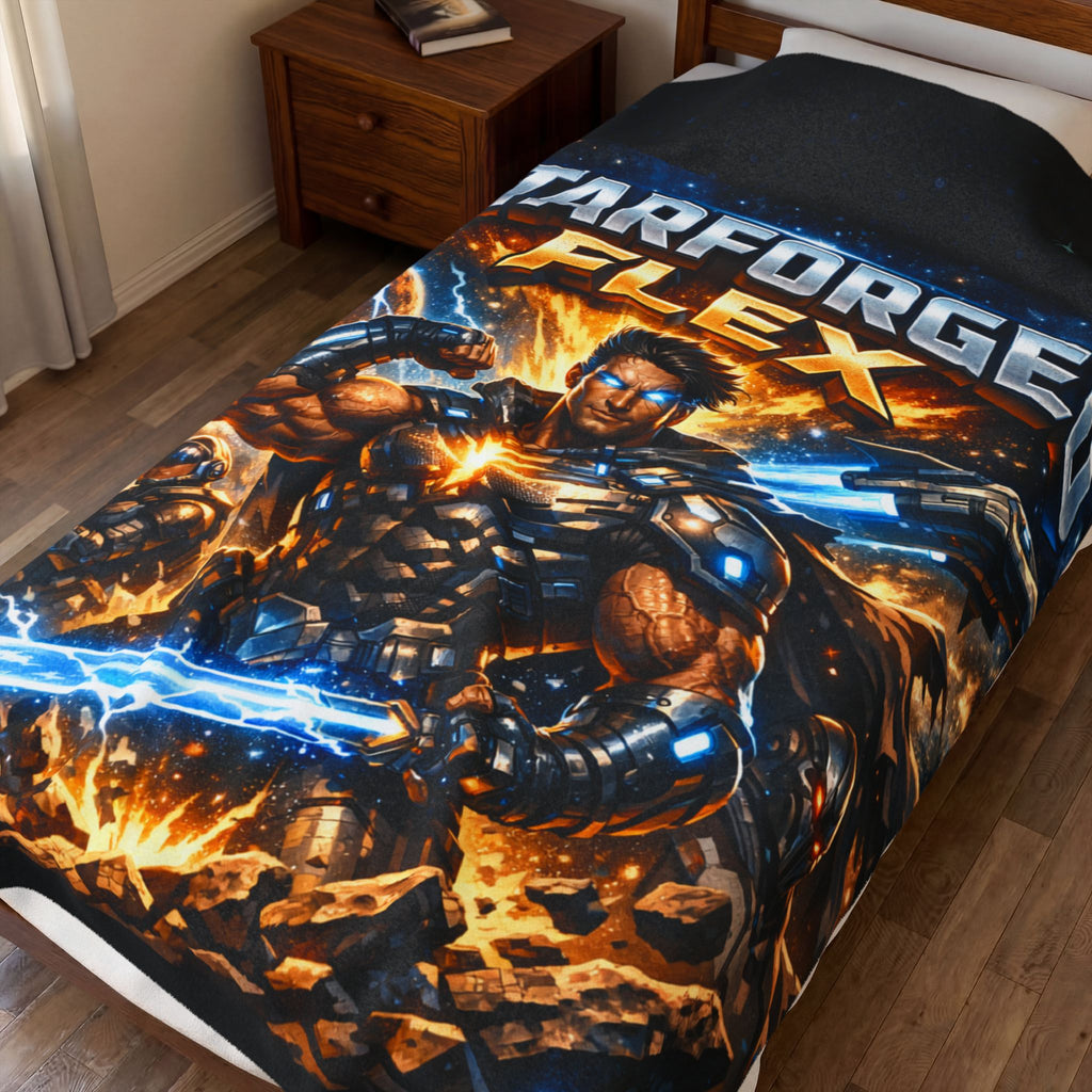 Power Runs Black Starforged Flex Velveteen Plush Blanket — Sci‑Fi Warrior Graphic Throw by Power Runs Black