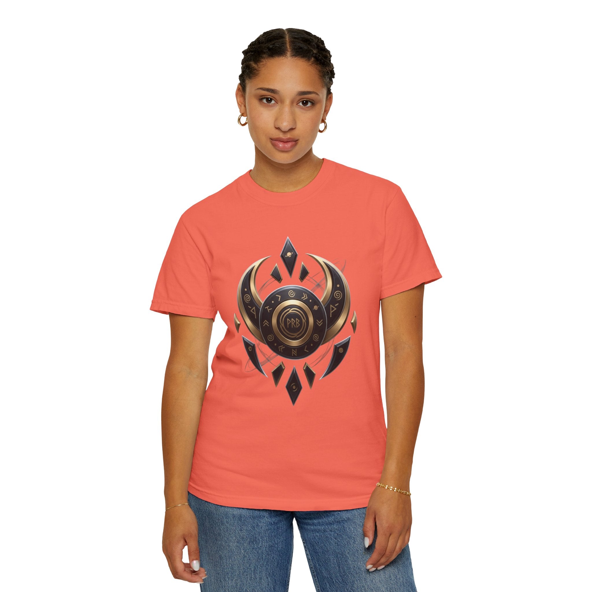 Power Runs Black Mystic Compass Disc T-Shirt — Geometric Gold & Black Emblem Tee by Printify