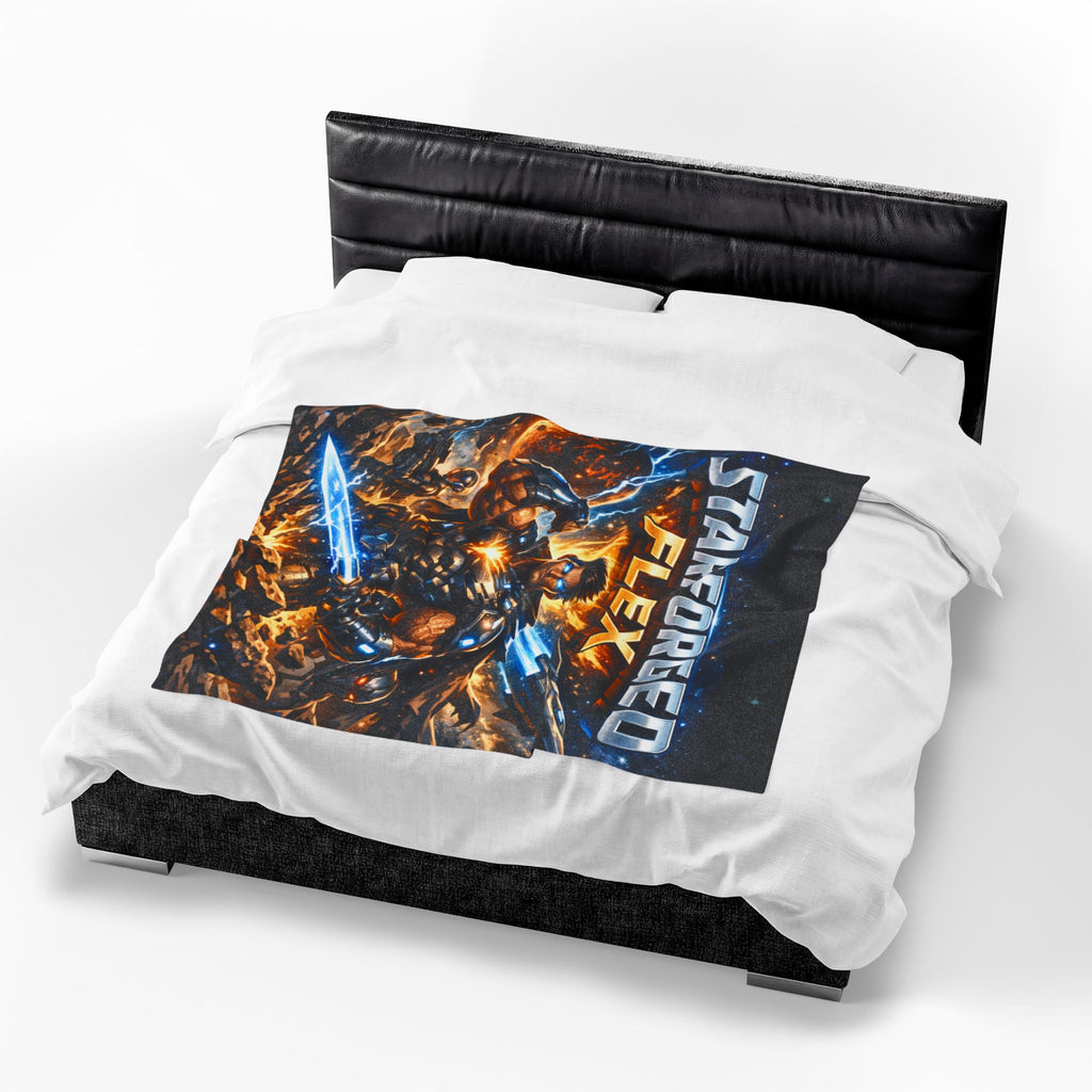 Power Runs Black Starforged Flex Velveteen Plush Blanket — Sci‑Fi Warrior Graphic Throw by Power Runs Black
