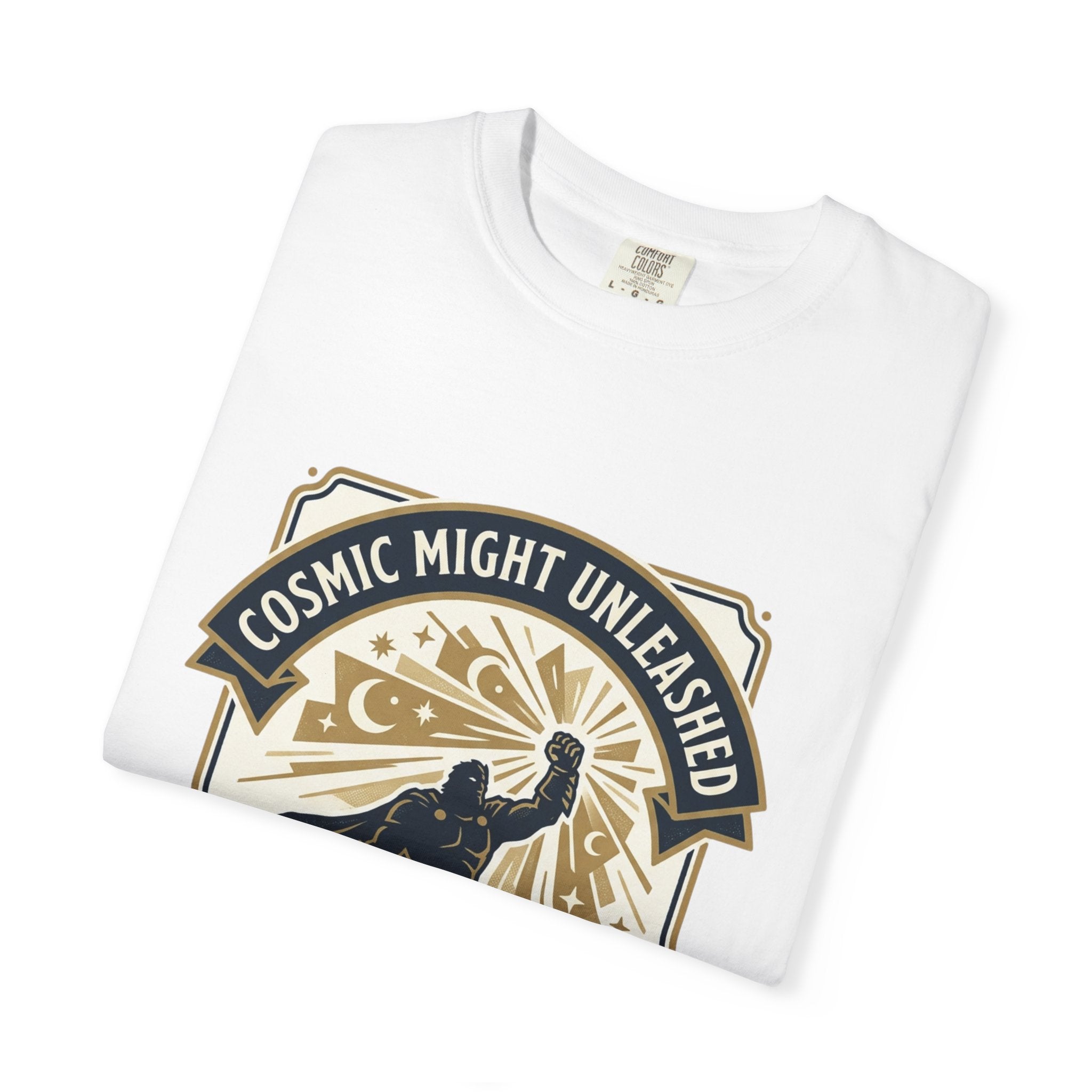 PRB Starforged Flex Cosmic Might Unleashed T-Shirt — Retro Superhero Space Graphic ('Power Does Not Rise, It Returns') by Power Runs Black