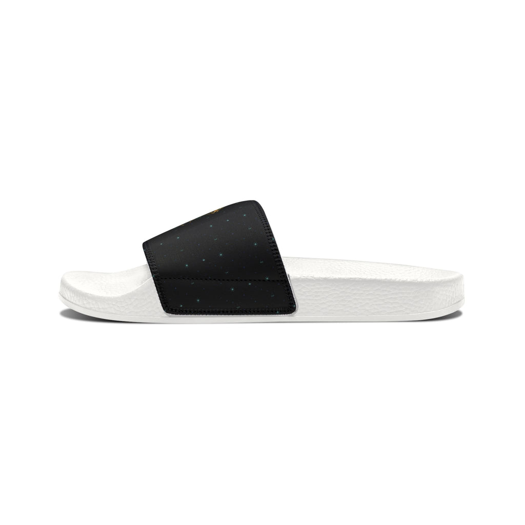 Power Runs Black Slide Sandals - Black Mythical Crest Logo Slides for Men by Power Runs Black