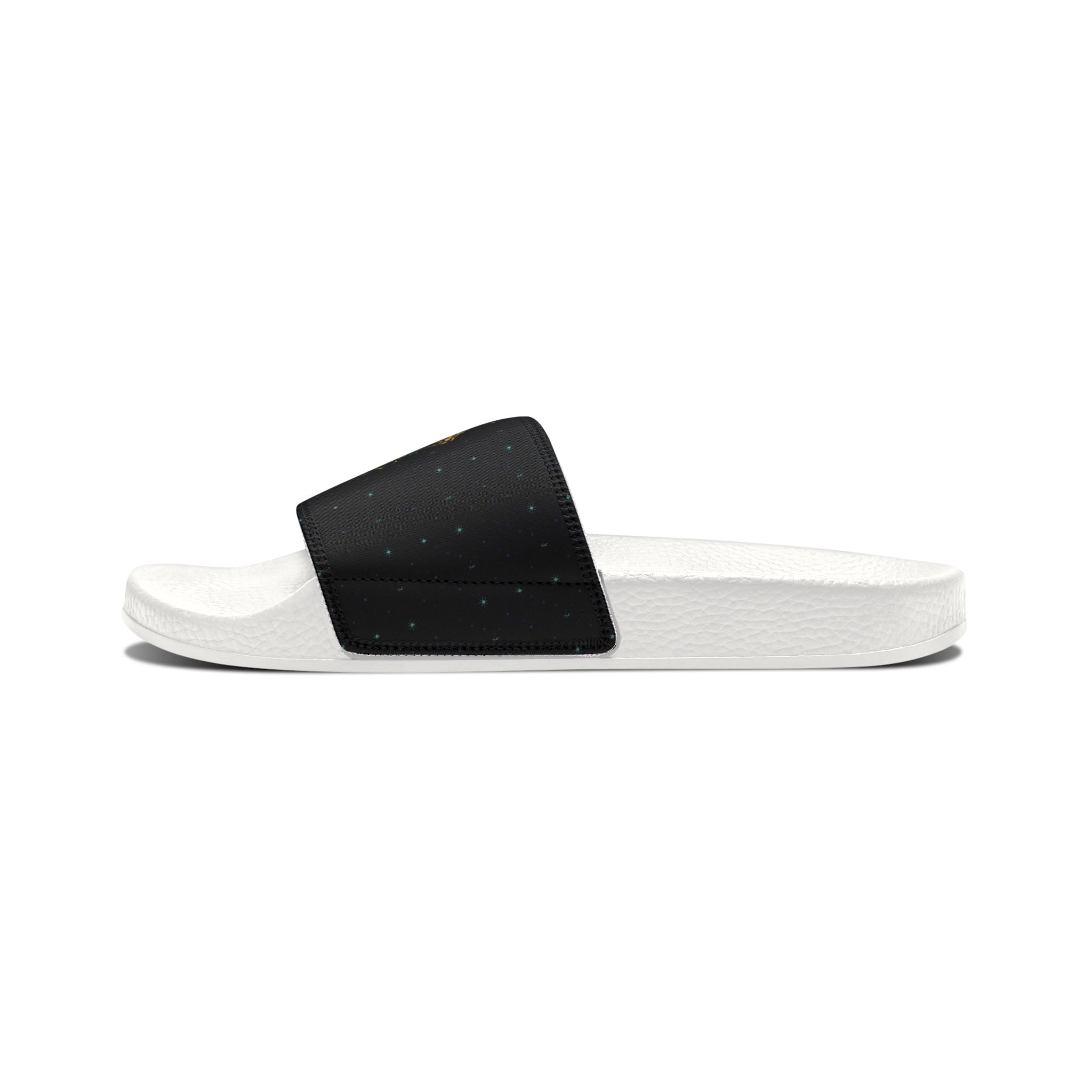 Power Runs Black Slide Sandals - Black Mythical Crest Logo Slides for Men by Power Runs Black