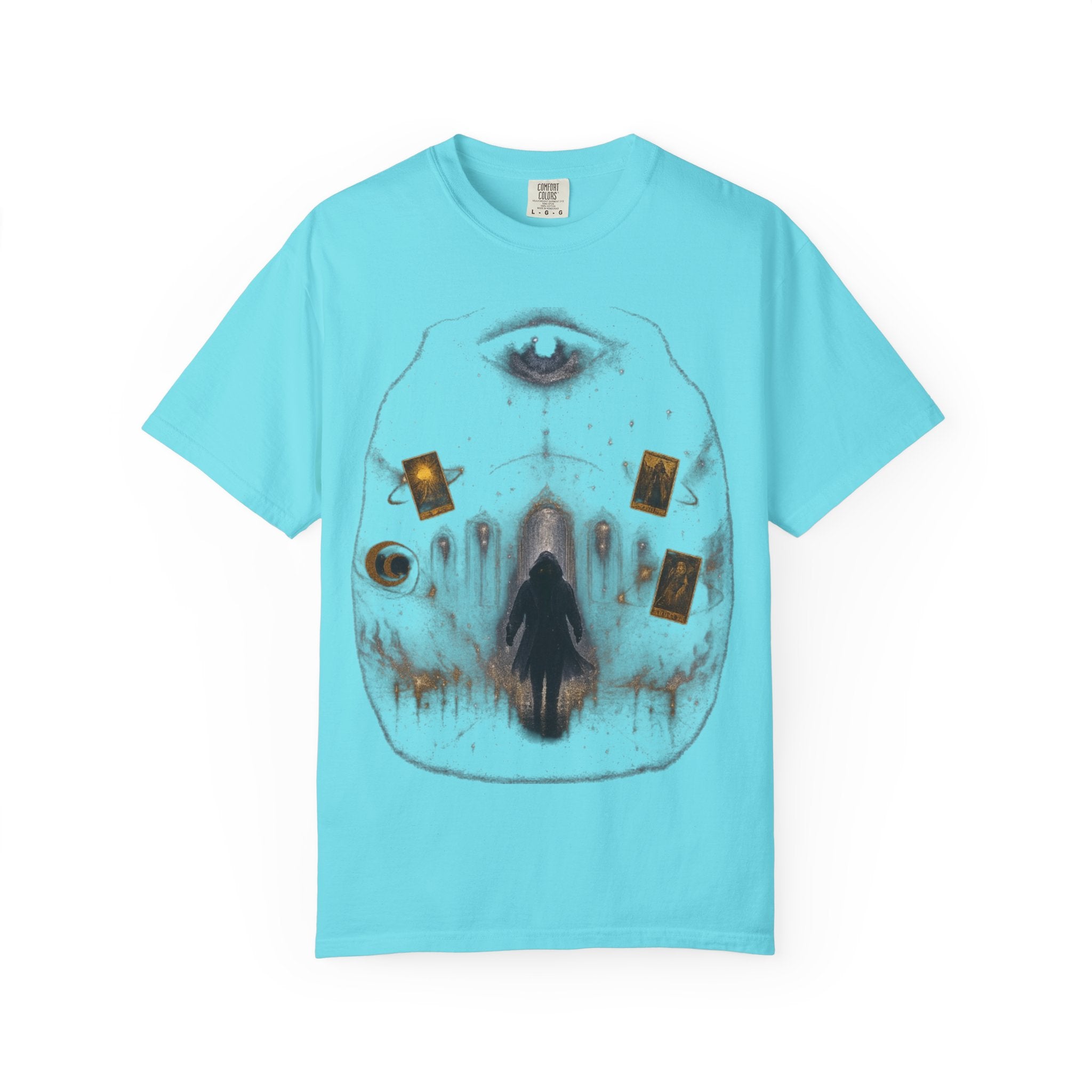 PRB Occult Tarot Skull T-Shirt — Mystic Eye & Shadow Figure Graphic by Power Runs Black