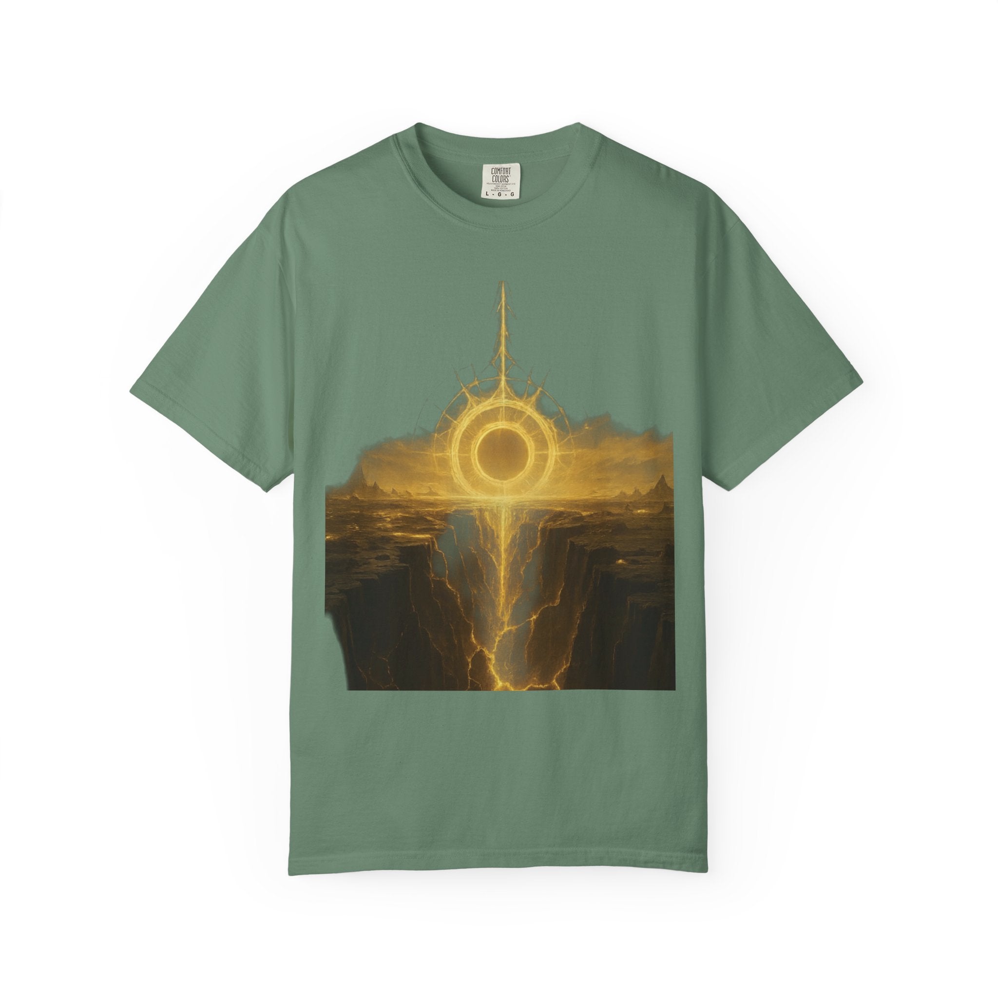 Power Runs Black PRB Golden Eclipse Portal T-shirt | Fantasy Landscape, Mystic Ring, Tower Art by Power Runs Black