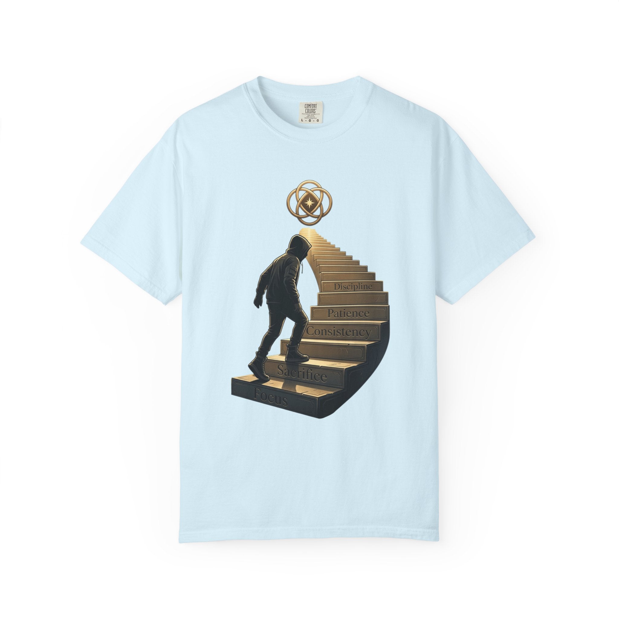 Printify PRB Stairway of Growth T-Shirt | Person Ascending Steps with Symbols - T-Shirt