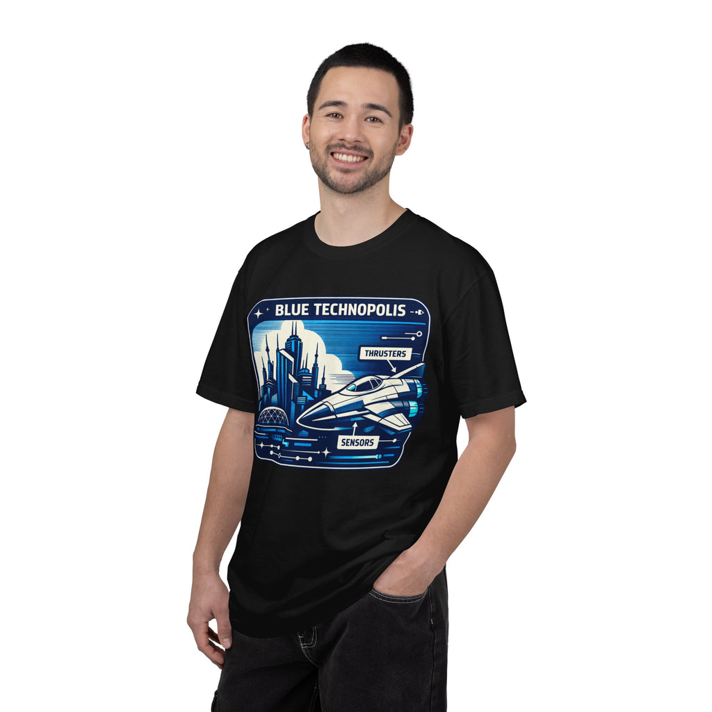 Power Runs Black PRB Technopolis Spacecraft T-Shirt — Blue Technopolis Retro Sci‑Fi Tee by Printify