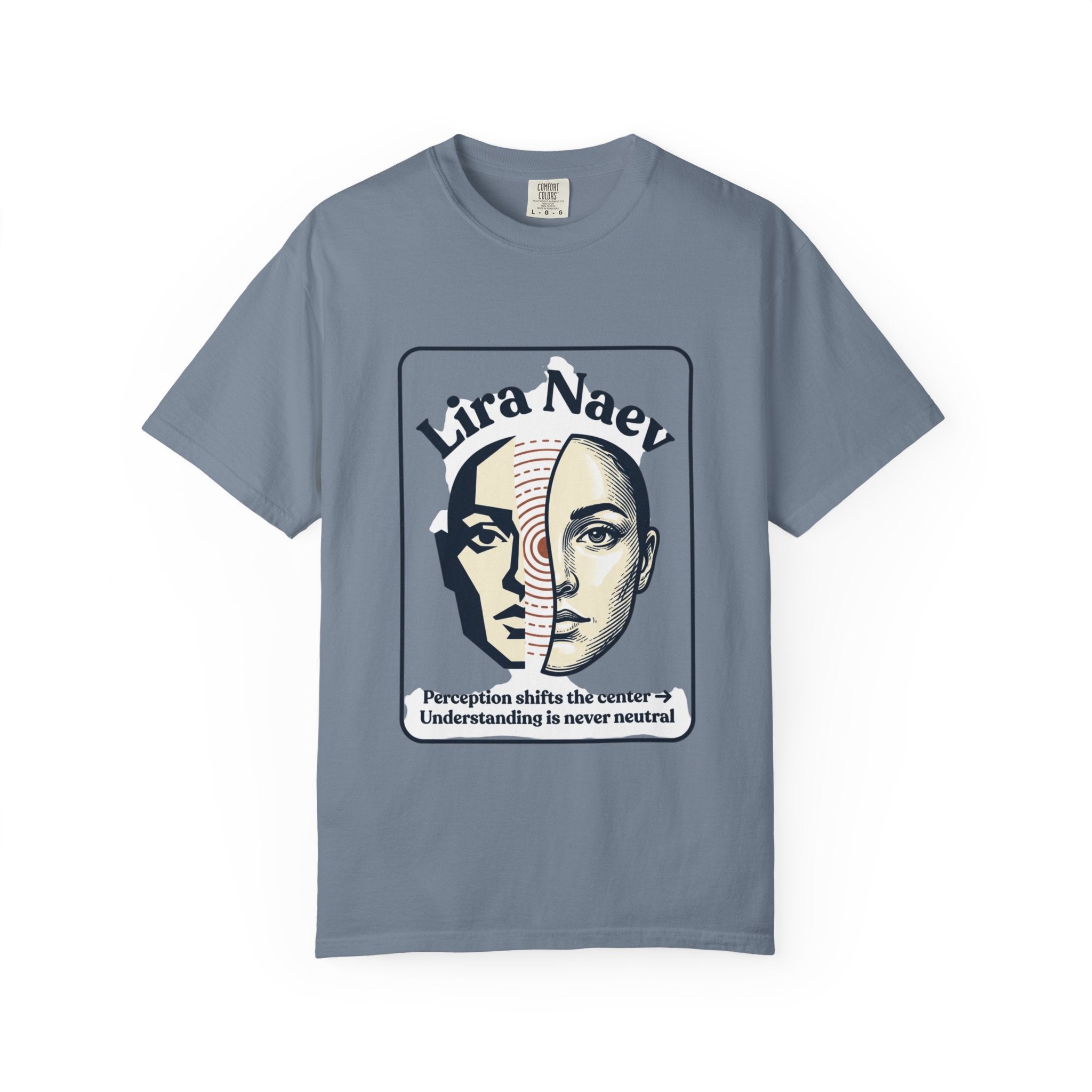 Power Runs Black PRB Lira Naev Split-Face Graphic T-Shirt — “Perception shifts the center” Statement Tee by Printify