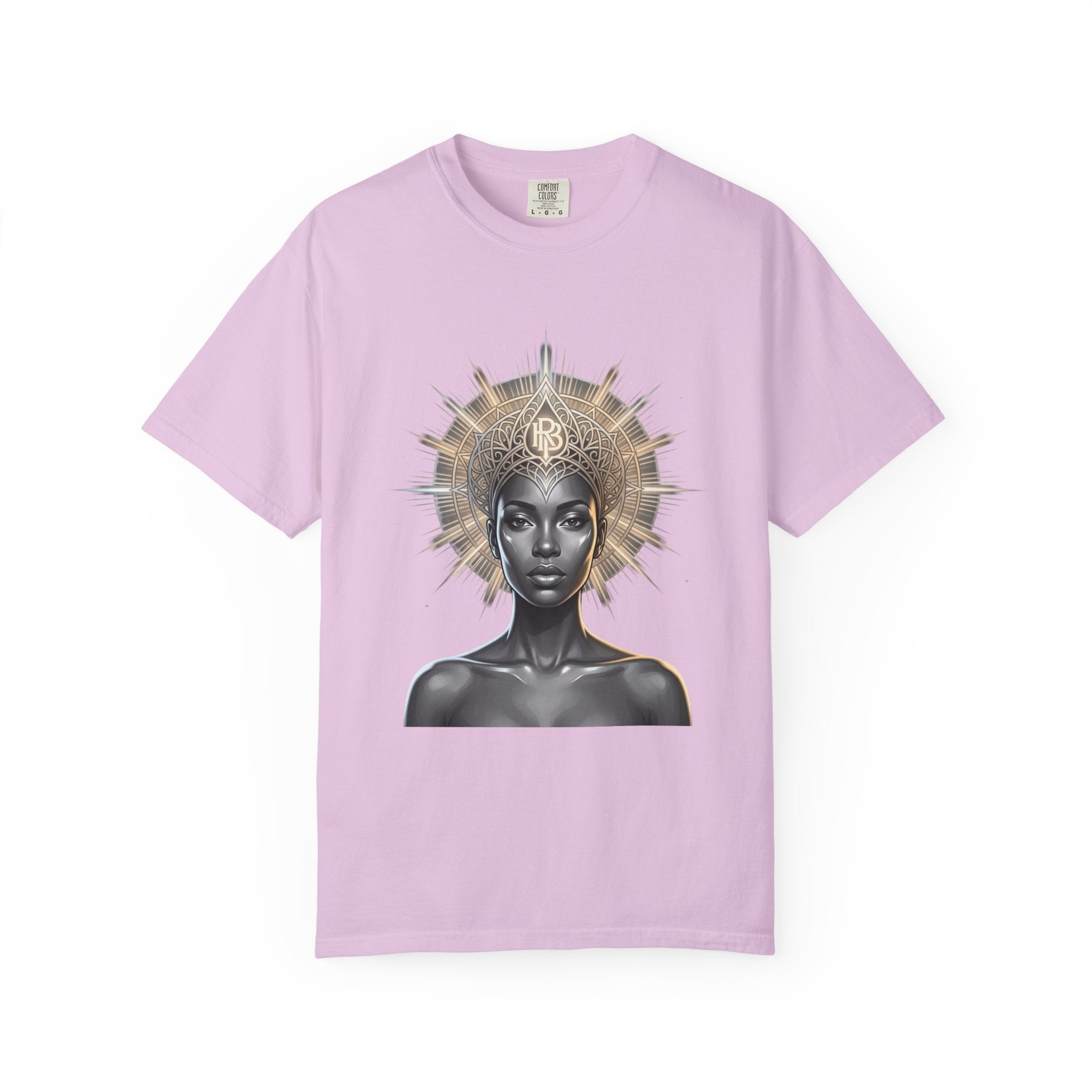 Printify PRB Goddess Halo T‑Shirt — Black Goddess Portrait with Ornate Gold Headdress - T-Shirt