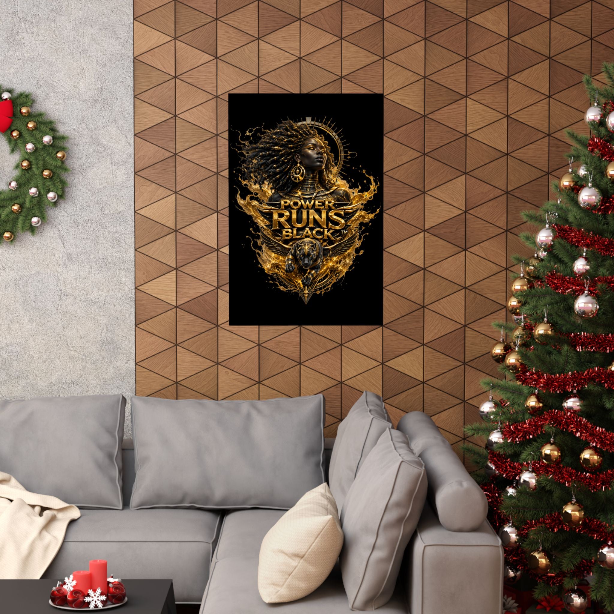 Power Runs Black Matte Poster — Afrocentric Gold Goddess Wall Art by Power Runs Black