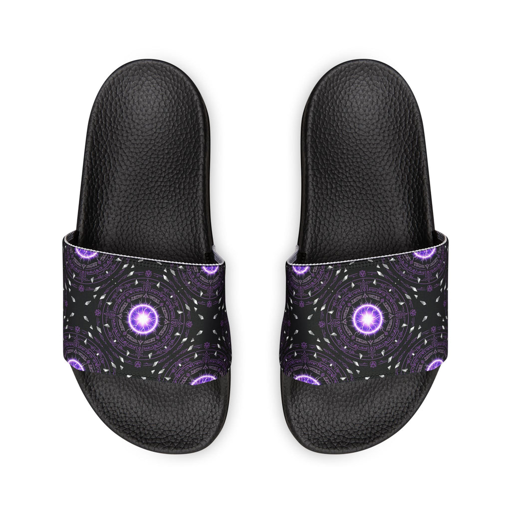 Power Runs Black Men's Removable-Strap Slide Sandals — Purple Cosmic Mandala Pattern by Power Runs Black