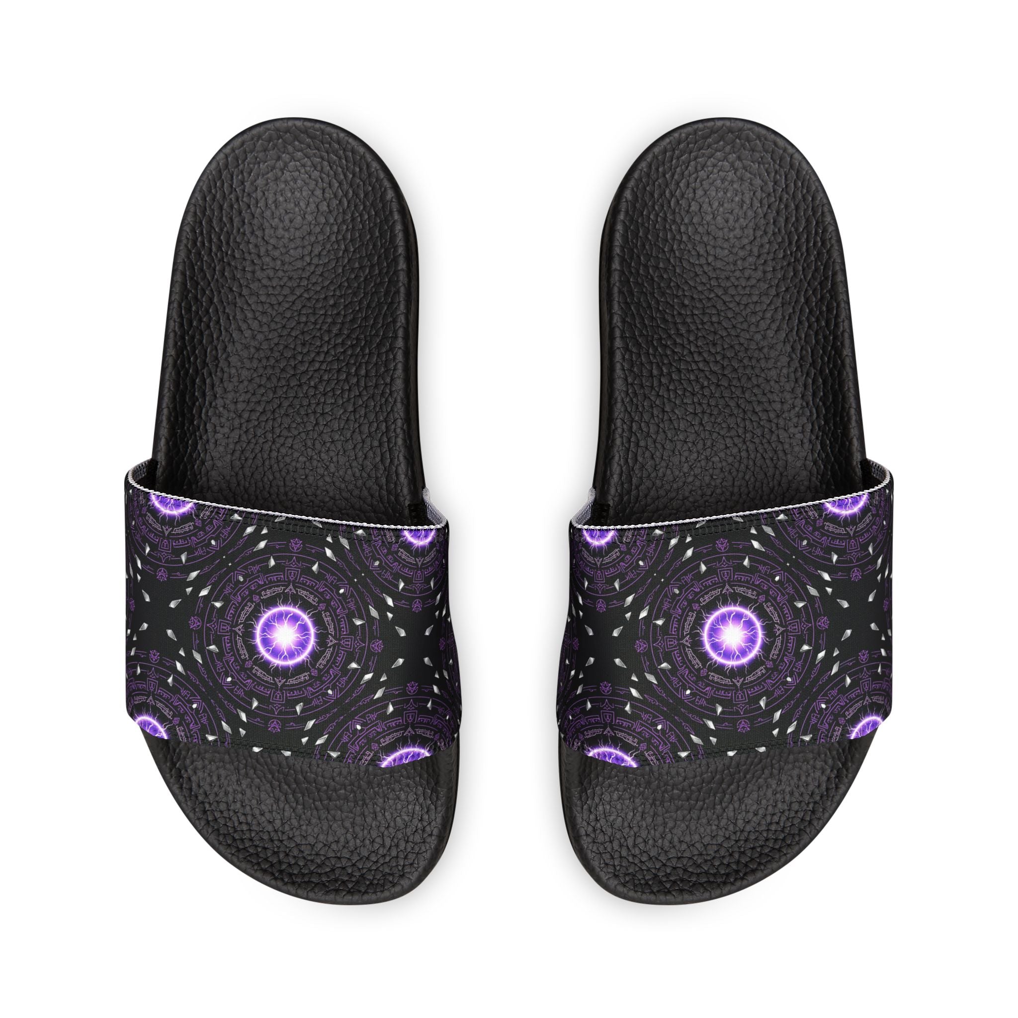 Power Runs Black Men's Removable-Strap Slide Sandals — Purple Cosmic Mandala Pattern by Power Runs Black