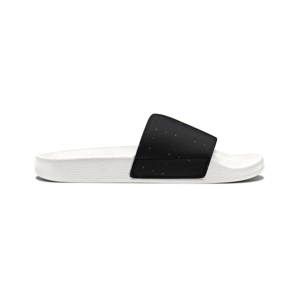 Power Runs Black Slide Sandals - Black Mythical Crest Logo Slides for Men by Power Runs Black