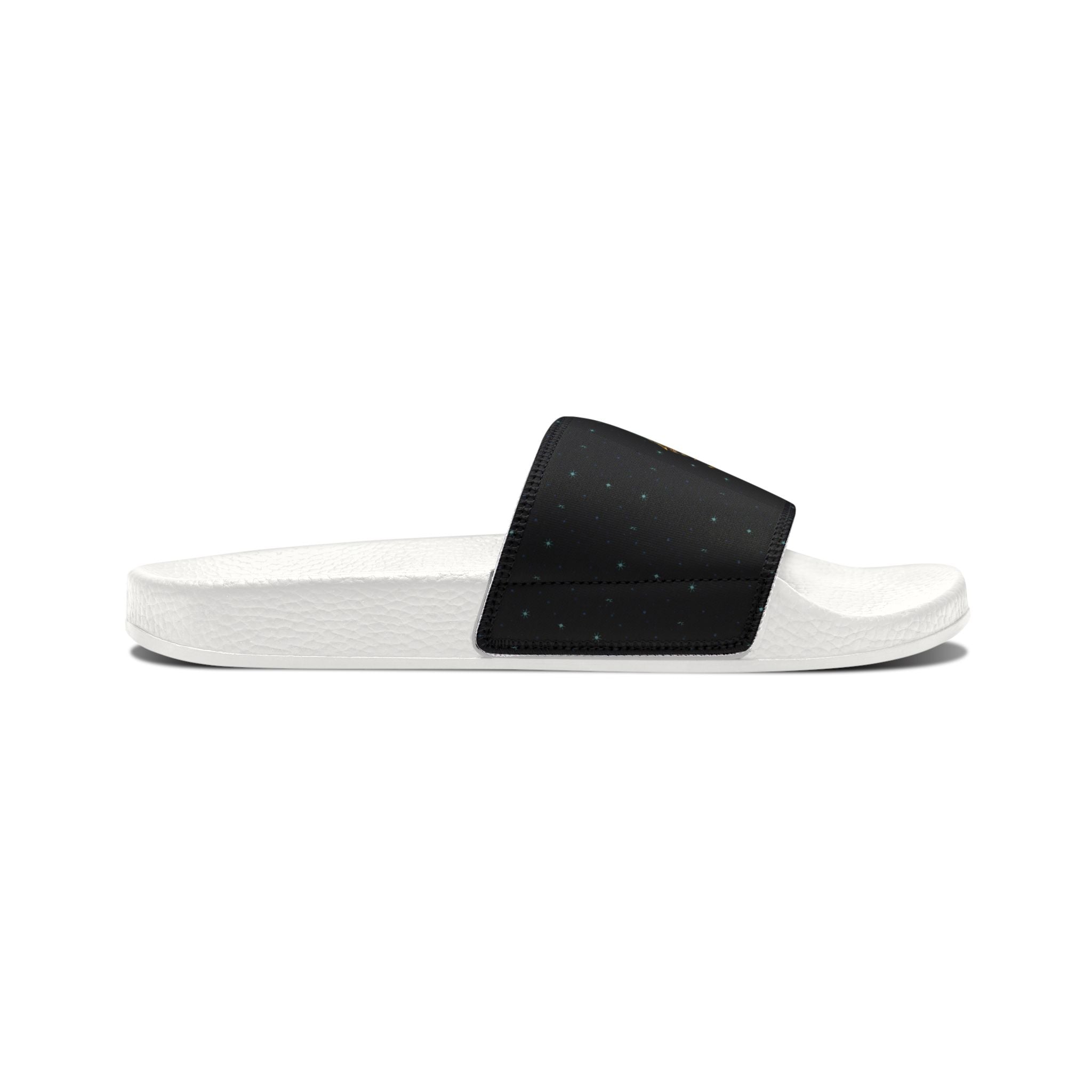 Power Runs Black Slide Sandals - Black Mythical Crest Logo Slides for Men by Power Runs Black