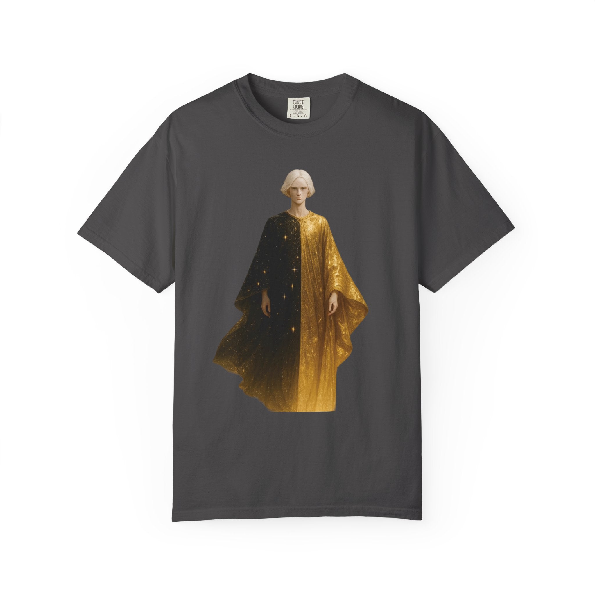 Power Runs Black PRB Twelfth Golden Cloak Figure T-Shirt | Surreal Angelic Portrait by Power Runs Black