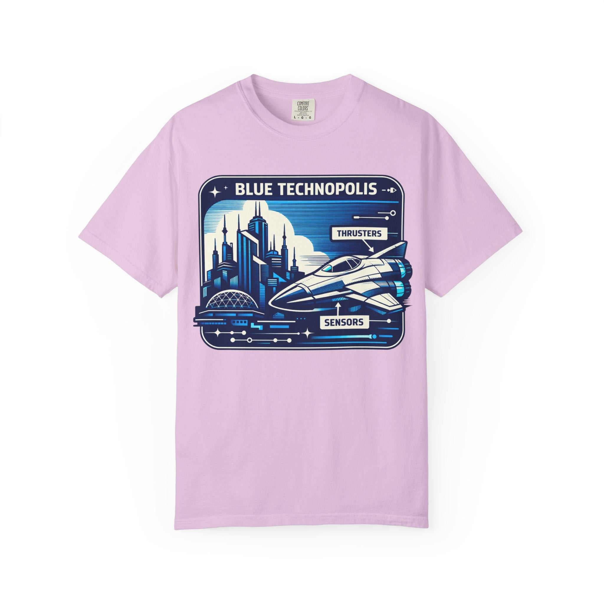Power Runs Black PRB Technopolis Spacecraft T-Shirt — Blue Technopolis Retro Sci‑Fi Tee by Power Runs Black