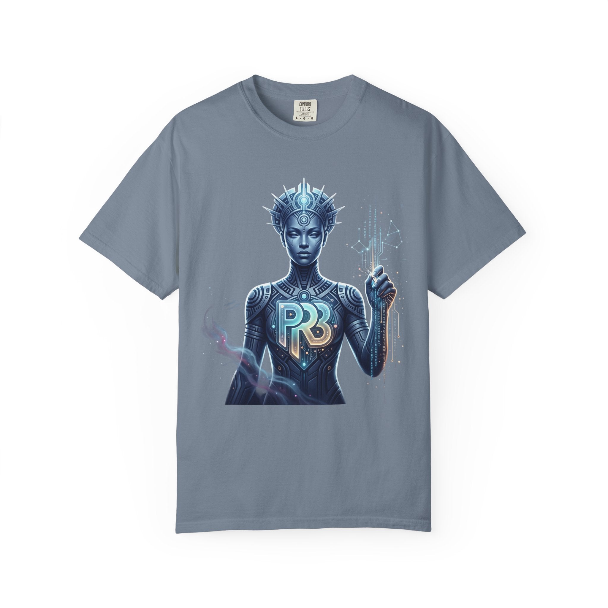 Printify PRB Divine Code Architect 4K Futuristic Blue Android with PR Chest Logo T-Shirt - T-Shirt