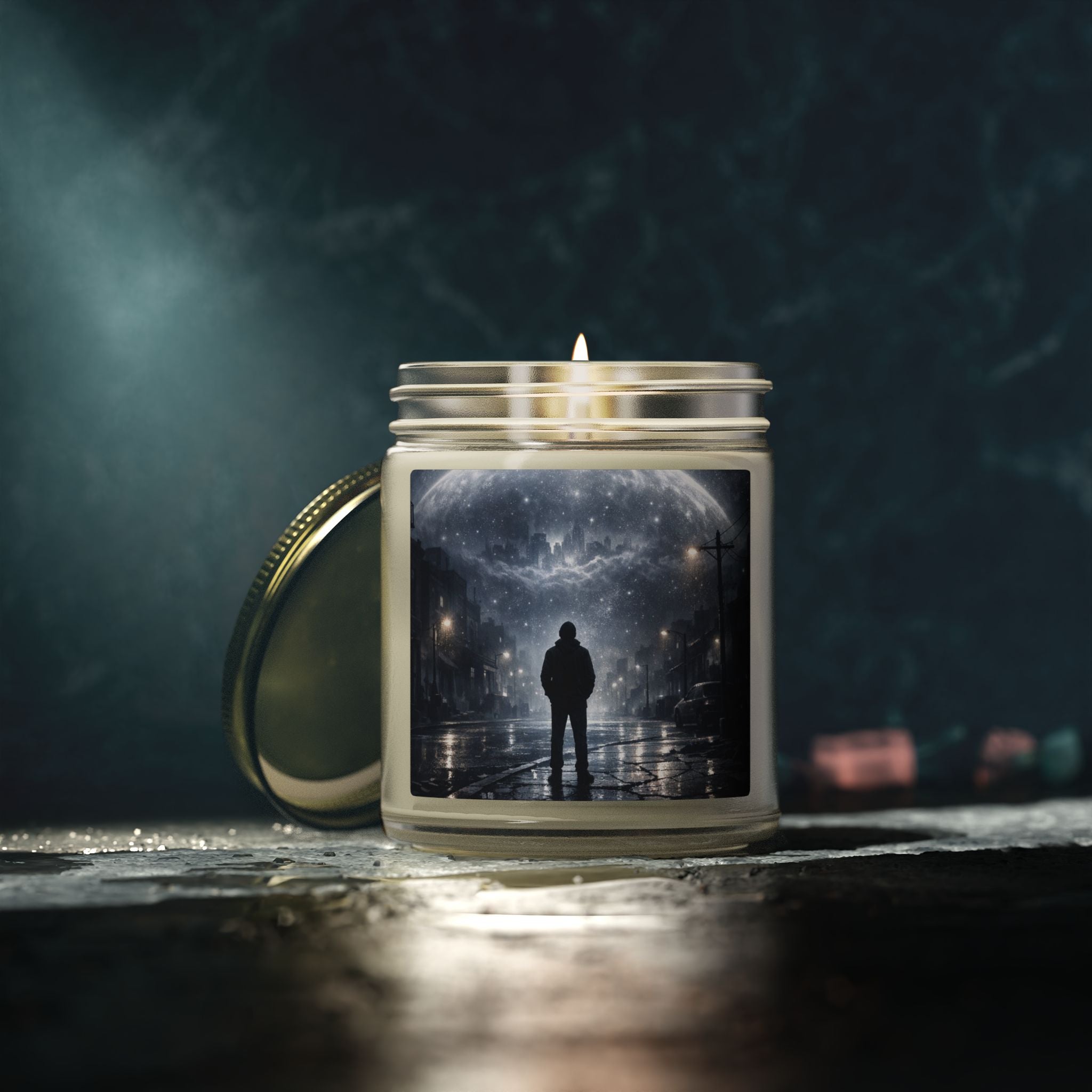PRB Lone Figure Under Moonlight Candle | Coconut Apricot Wax Jar by Power Runs Black
