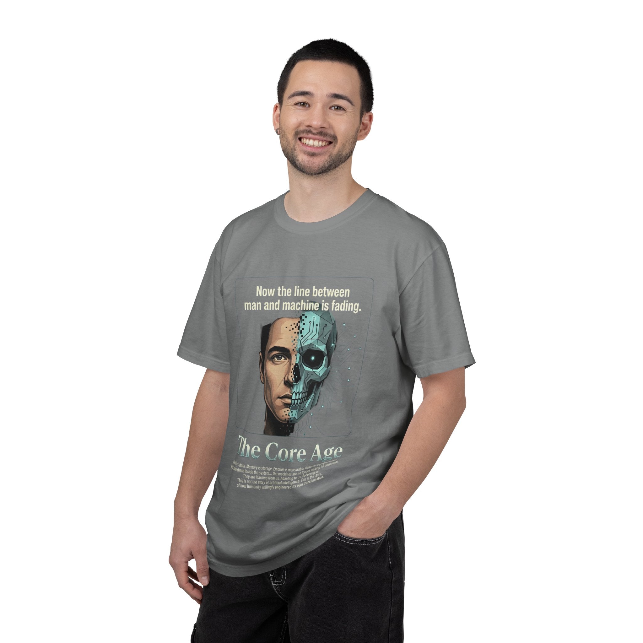 Power Runs Black AI Fusion Graphic T-Shirt — "The Core Age" Split Face Design by Power Runs Black