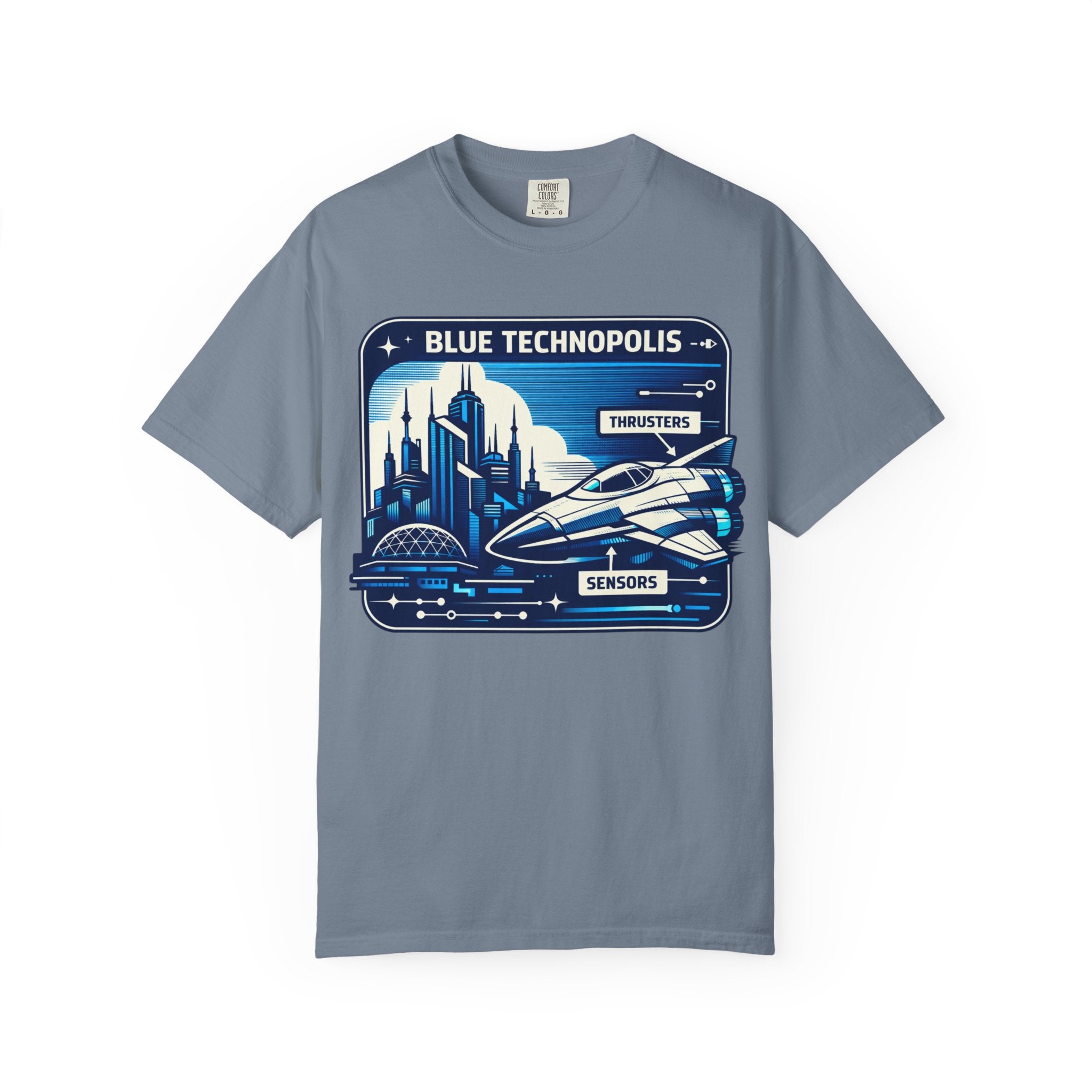 Power Runs Black PRB Technopolis Spacecraft T-Shirt — Blue Technopolis Retro Sci‑Fi Tee by Printify