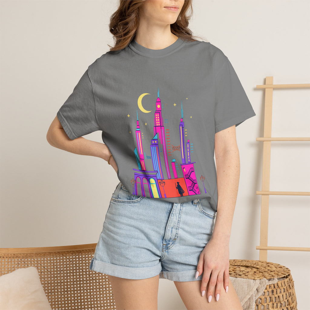 Power Runs Black PRB Neon City Skyline T-shirt | Vibrant Urban Nightscape Tee by Printify