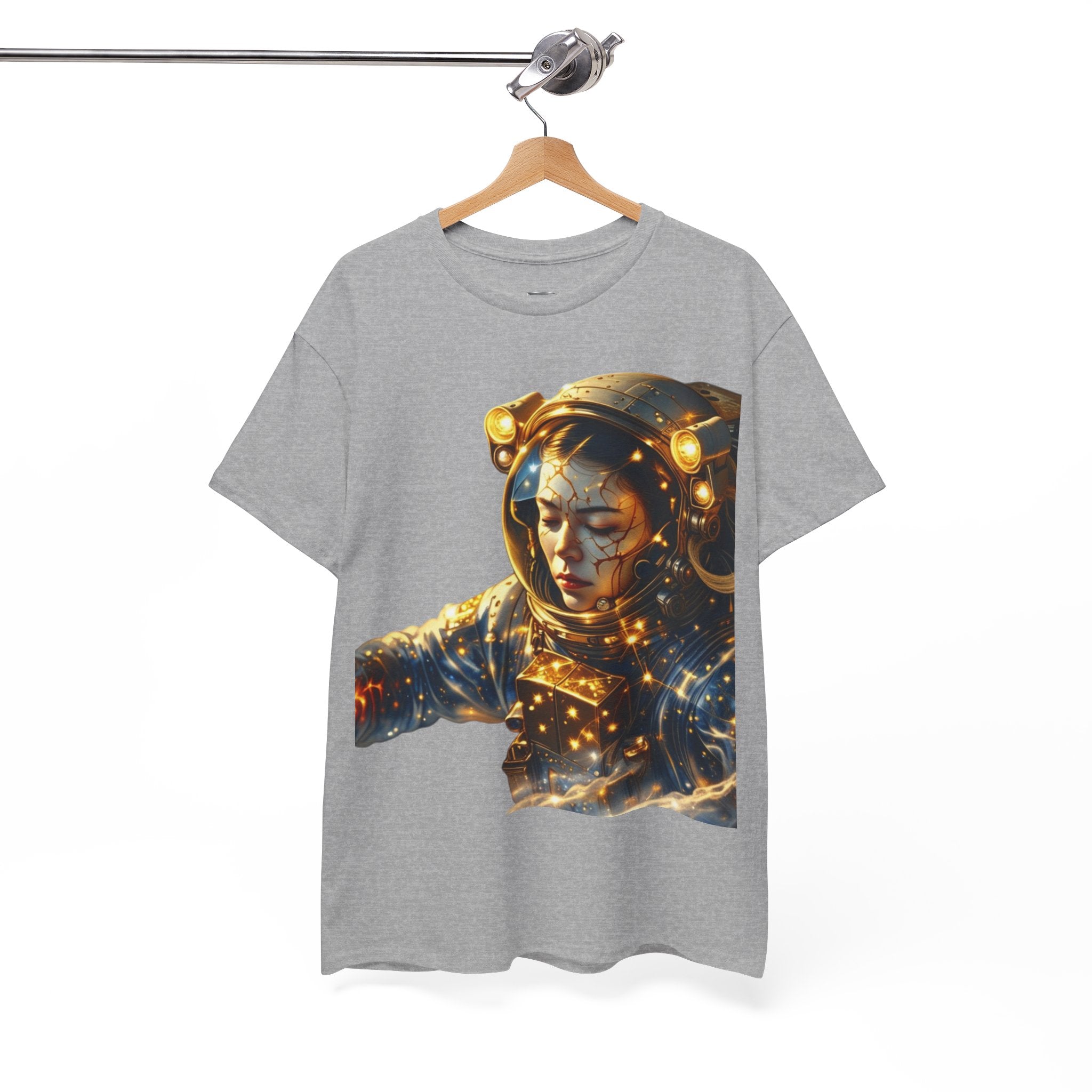 Power Runs Black PRB Golden Astronaut Portrait T-Shirt | Space Helmet Art, Cosmic Lights by Printify