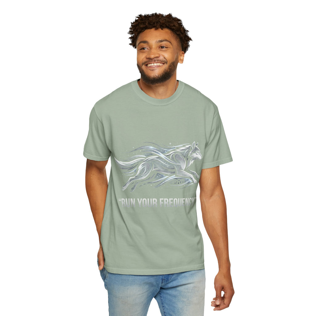 Wolf Graphic T-Shirt — 'Run Your Frequency' Motivational Tee by Printify