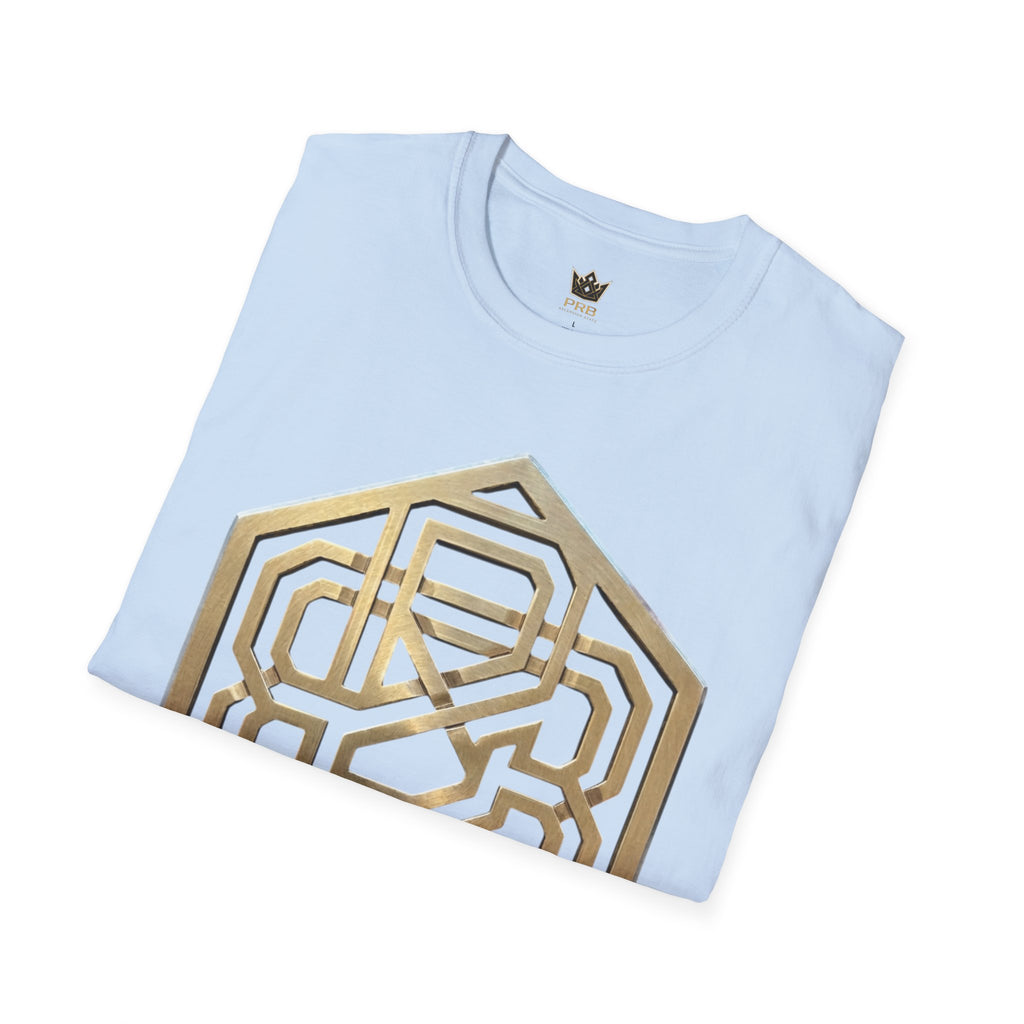Power Runs Black PRB Geometric Gold Hexagon T-Shirt — Modern Maze Logo Tee by Power Runs Black