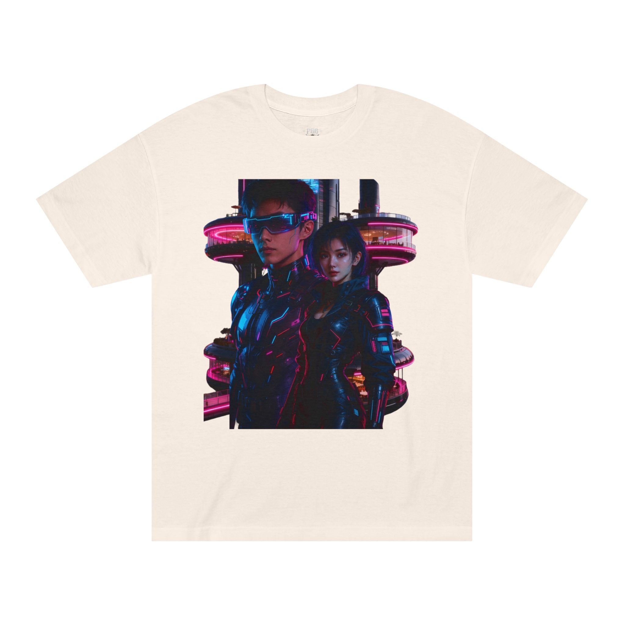 PRB Neon Tokyo Cyberpunk Couple T-Shirt | Futuristic Neon City Illustration by Printify