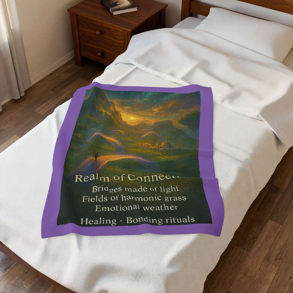 PRB Realm of Connection velveteen plush blanket | ethereal landscape, light bridges, healing text by Power Runs Black