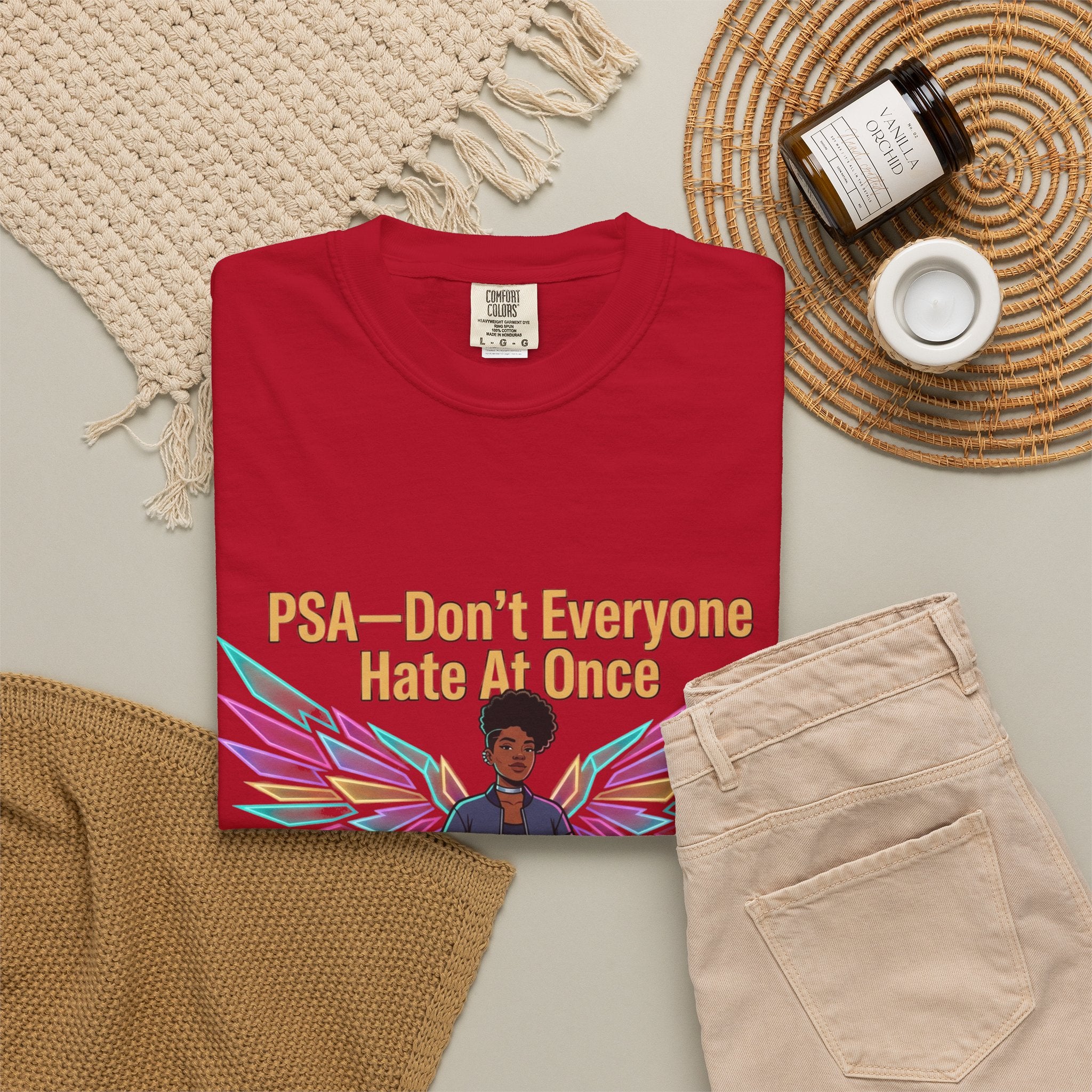 T-Shirt — PSA “Don't Everyone Hate At Once” Angel Wings Graphic Tee by Printify