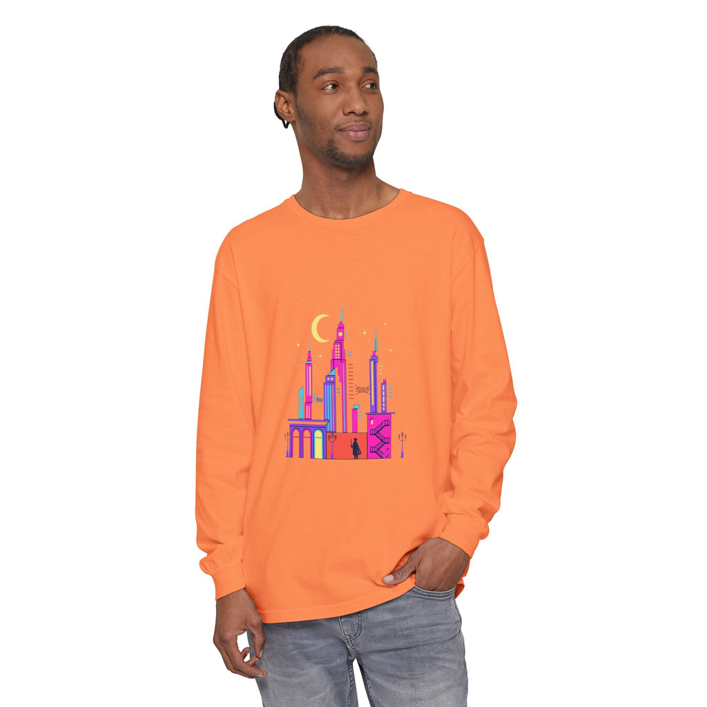 PRB Neon City Skyline Long Sleeve Shirt | Urban Nightscape Illustration by Power Runs Black