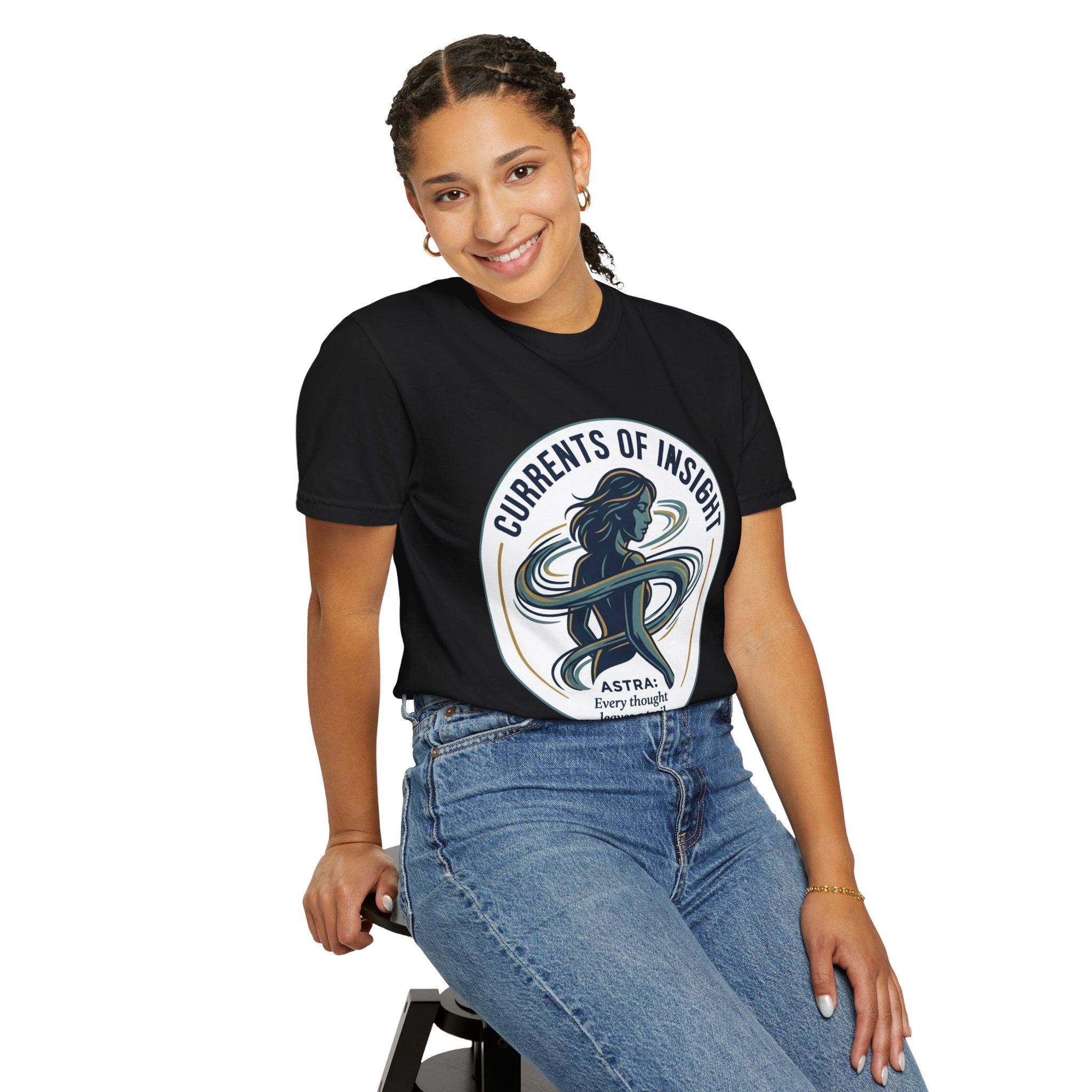 Power Runs Black Currents of Insight T-Shirt — 'Astra: Every thought leaves a trail' Graphic Tee by Power Runs Black