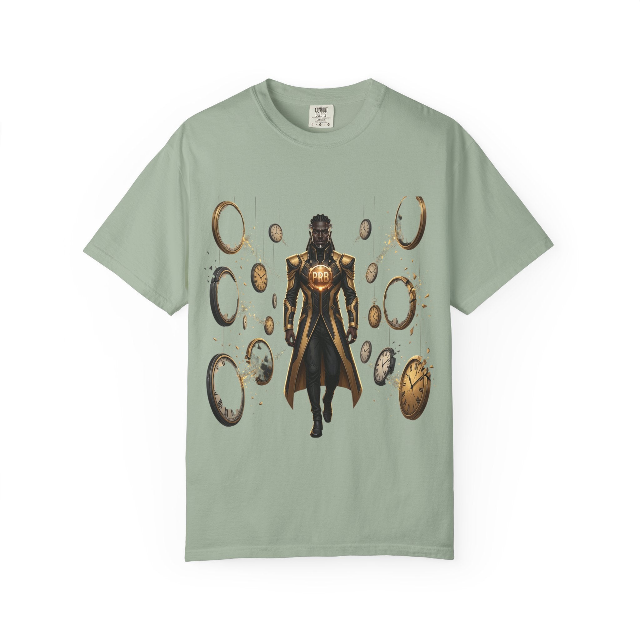 Printify PRB Time Mage Character Art T-Shirt | Floating Clocks, Fantasy Magic - T-Shirt