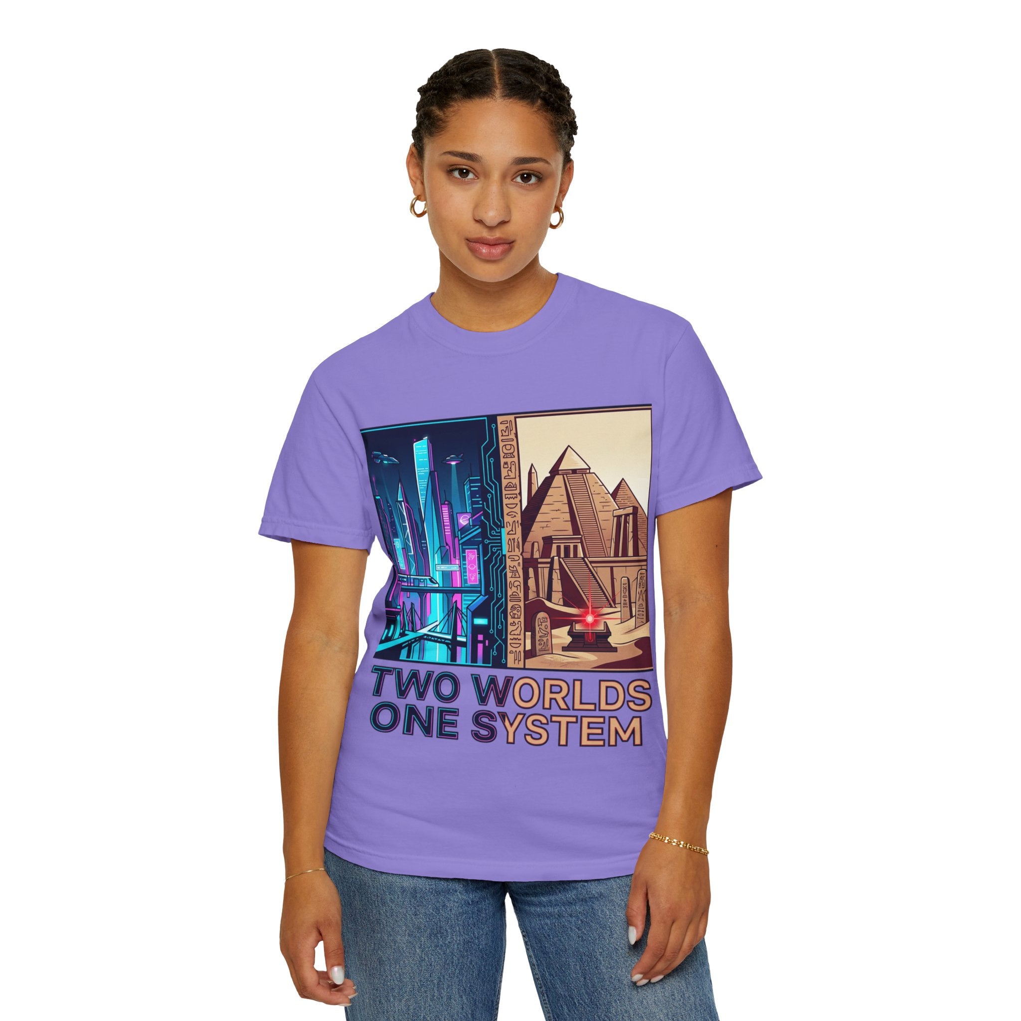 Power Runs Black PRB Blue Technopolis/ Red Dominion Two Worlds One System T-Shirt by Power Runs Black