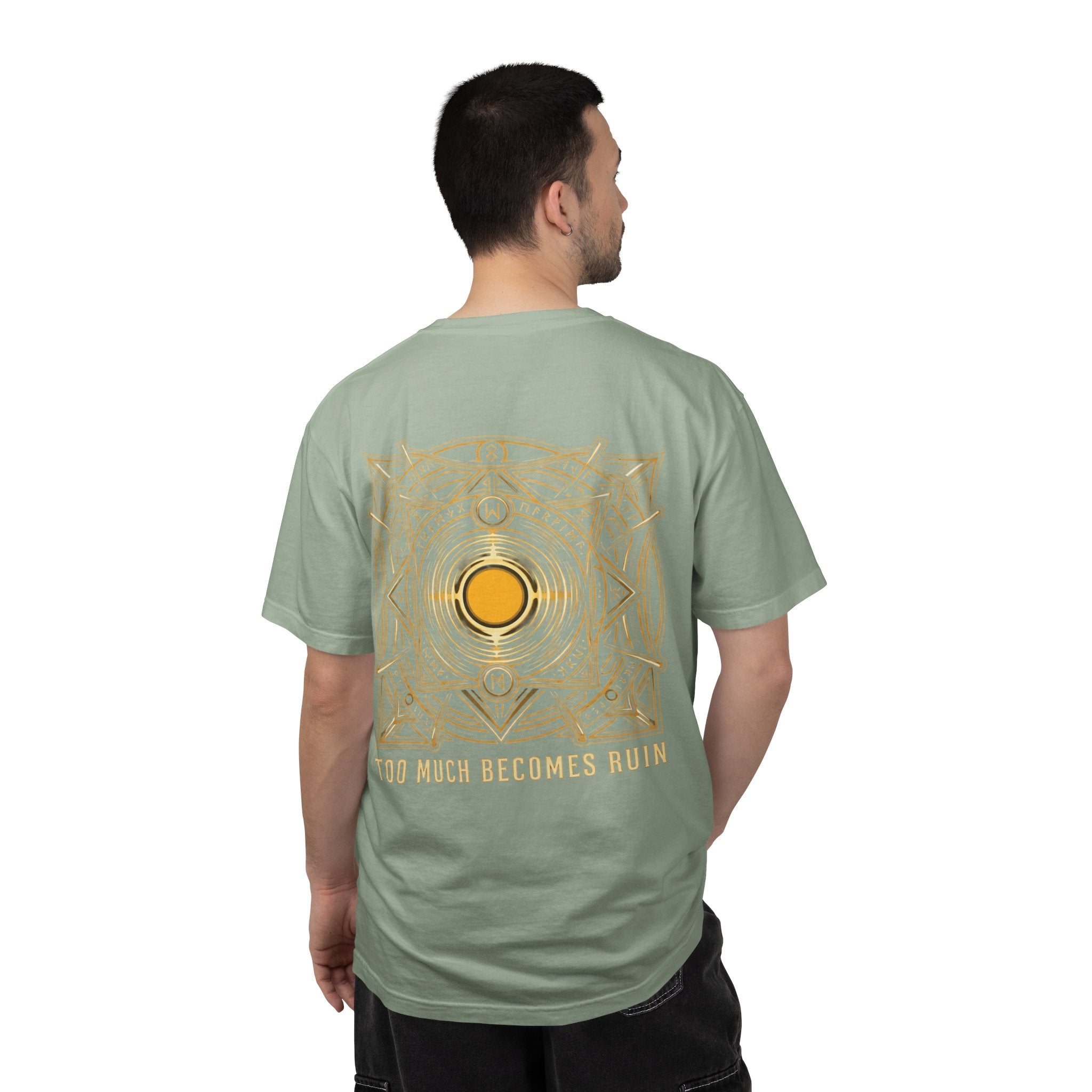 Power Runs Black PRB — Veyra Kain Geometric Sigil Tee with “Too Much Becomes Ruin” Graphic T-Shirt by Printify