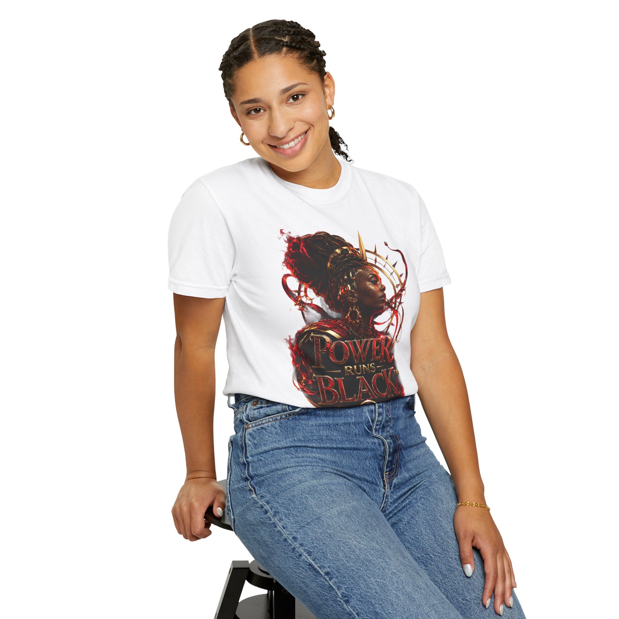 Power Runs Black T-Shirt — Afrocentric Crowned Goddess Graphic Tee by Printify