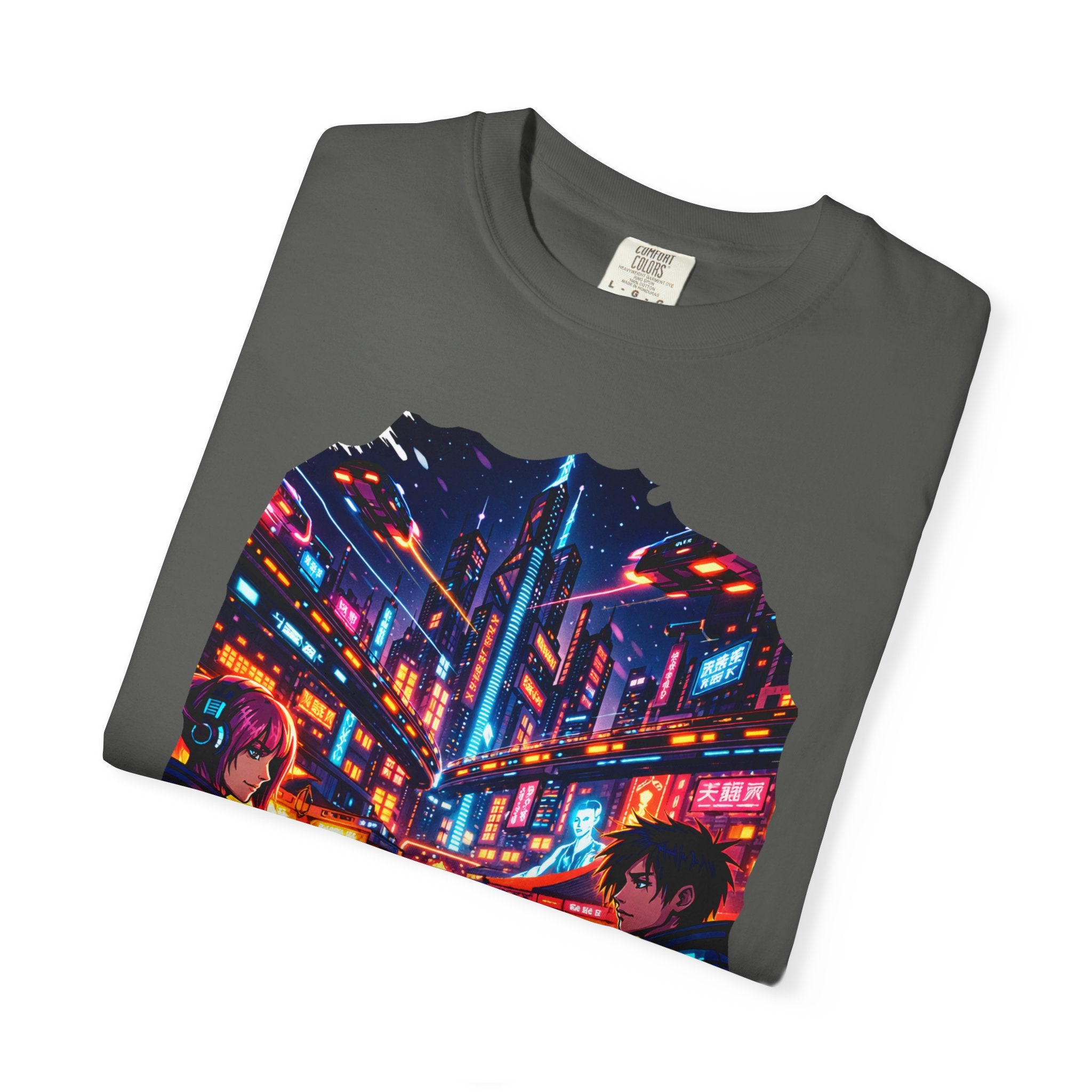 PRB Neon Cyberpunk Cityscape T-shirt | Anime Night Rain Streets by Power Runs Black