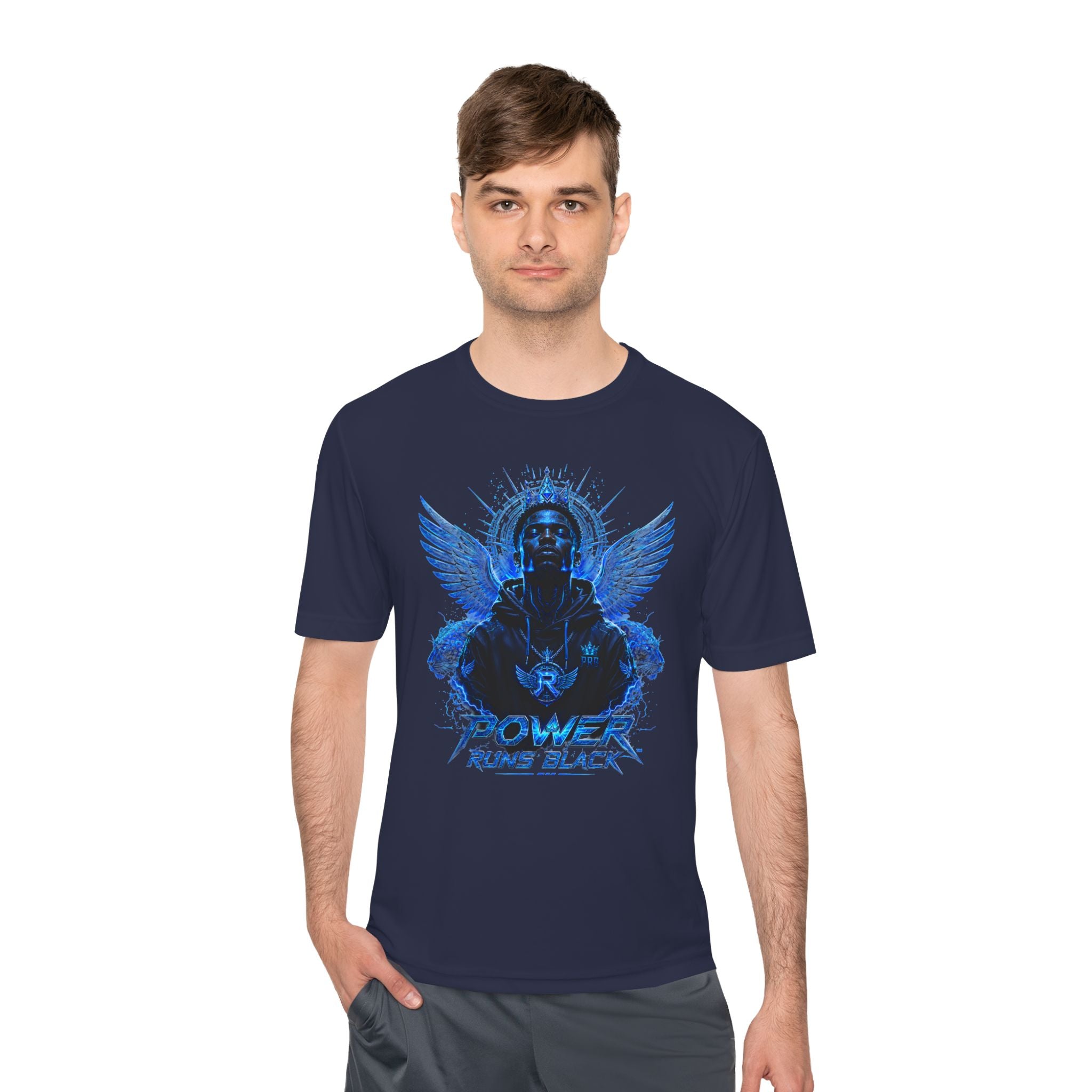 Power Runs Black graphic Tee | Blue angel wings, armored figure, bold script by Power Runs Black