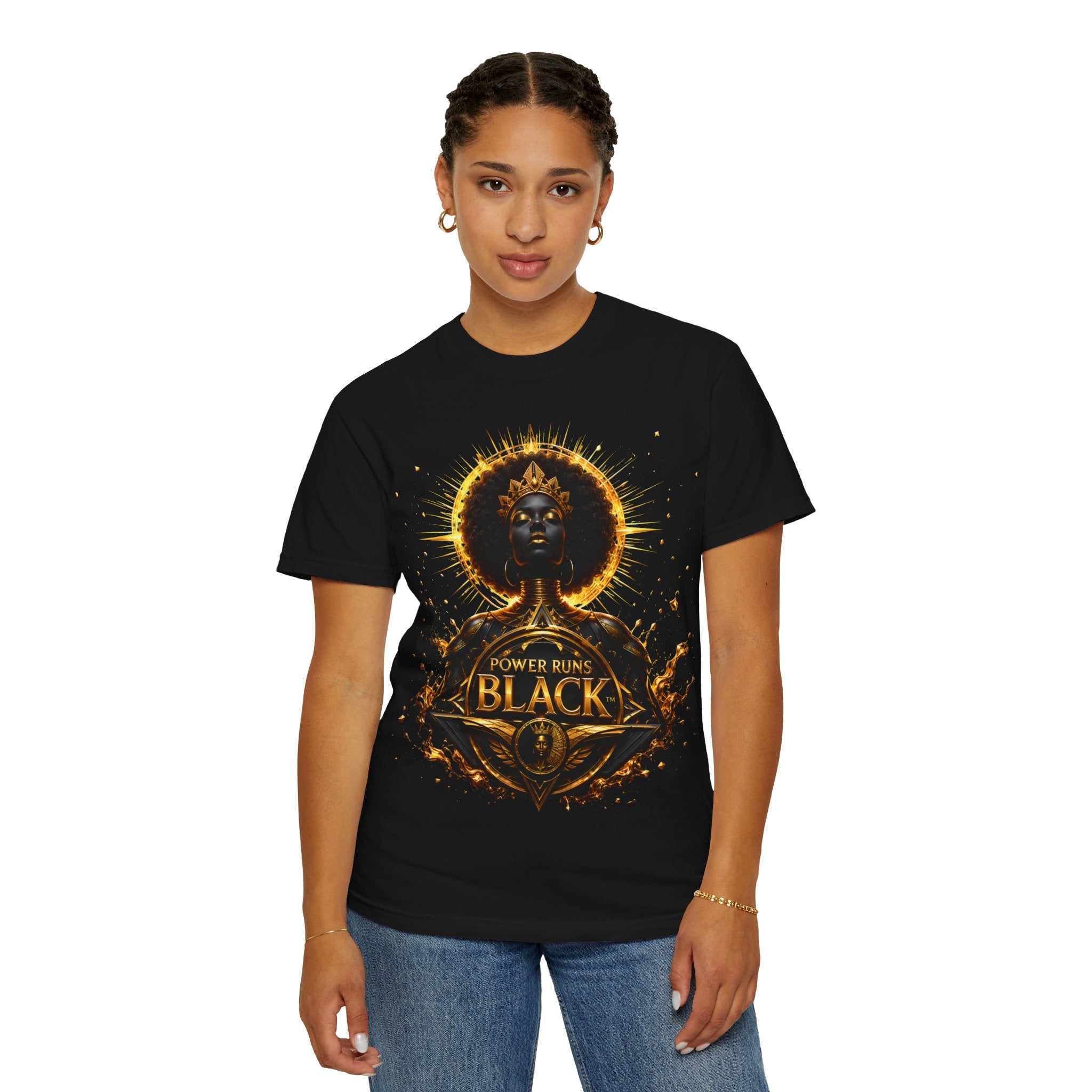Power Runs Black goddess illustration T-Shirt | Afrocentric black pride design by Power Runs Black