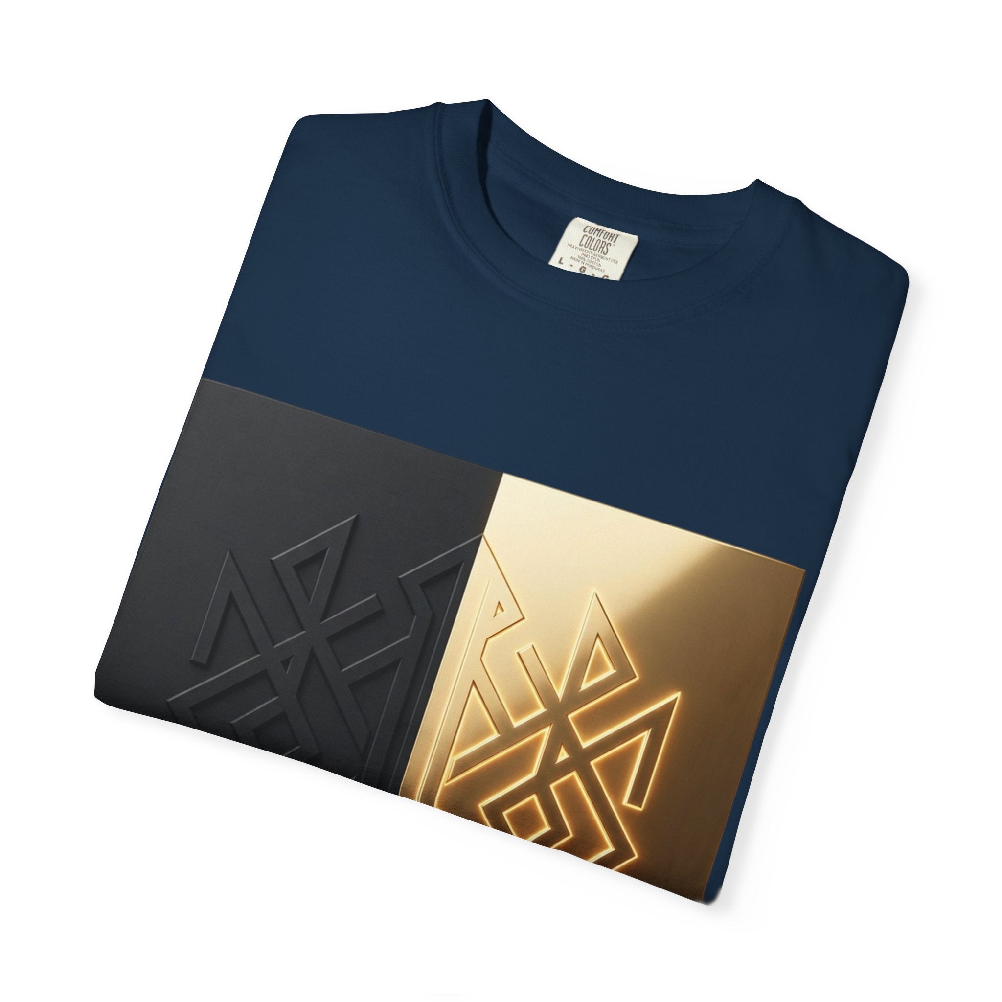 Power Runs Black PRB Geometric Split Glow T-Shirt — Black & Gold Tribal Diamond Graphic by Power Runs Black