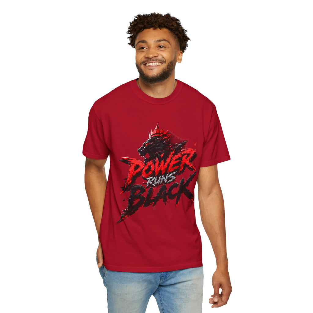 Power Runs Black T-shirt | Wolf Silhouette, Red Black Graphic Tee by Power Runs Black