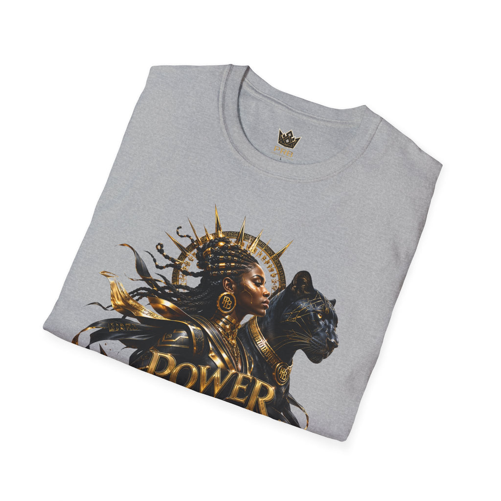 Power Runs Black PRB | Black Woman Portrait, Gold Accents Panther Graphics T by Printify