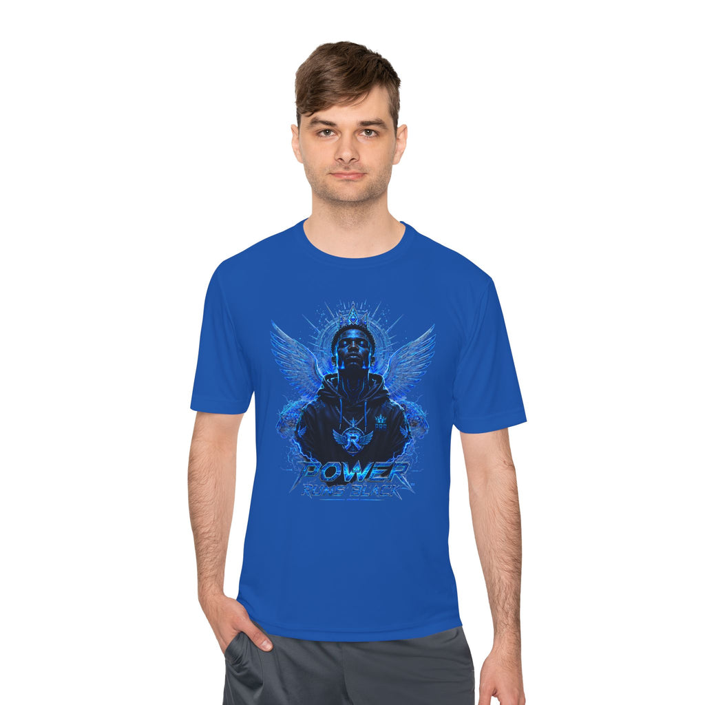 Power Runs Black graphic Tee | Blue angel wings, armored figure, bold script by Power Runs Black