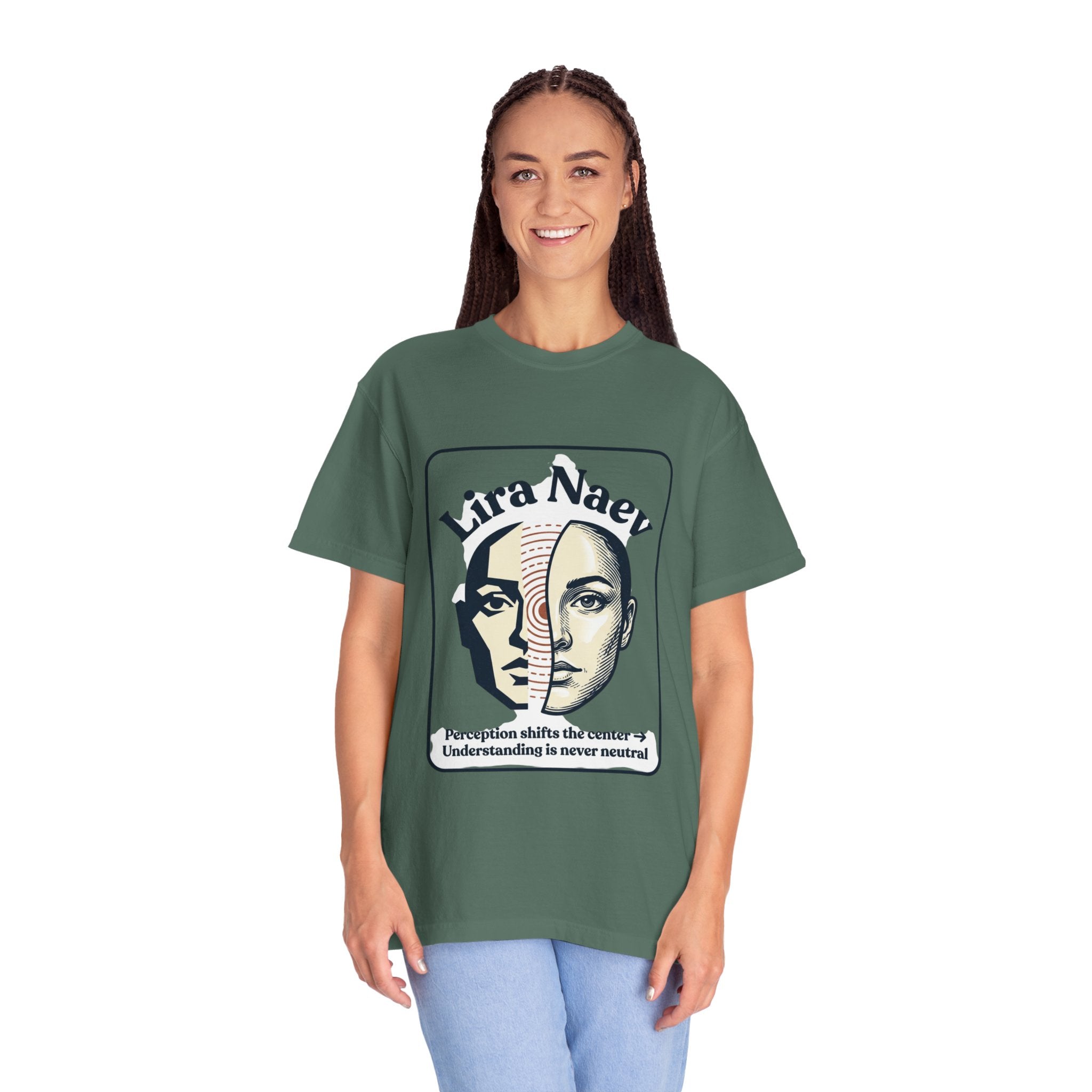 Power Runs Black PRB Lira Naev Split-Face Graphic T-Shirt — “Perception shifts the center” Statement Tee by Power Runs Black