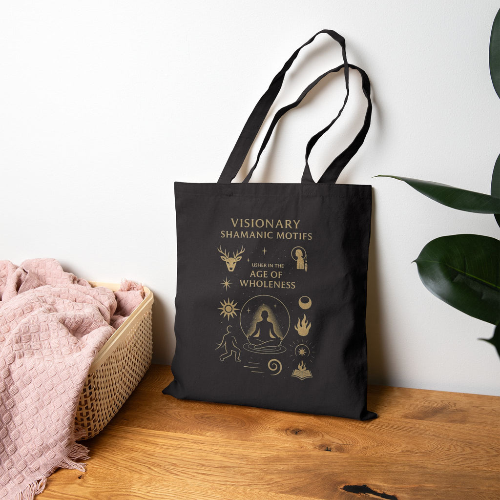 Visionary Shamanic Motifs Canvas Tote Bag — Spiritual Symbols Market Tote by Power Runs Black