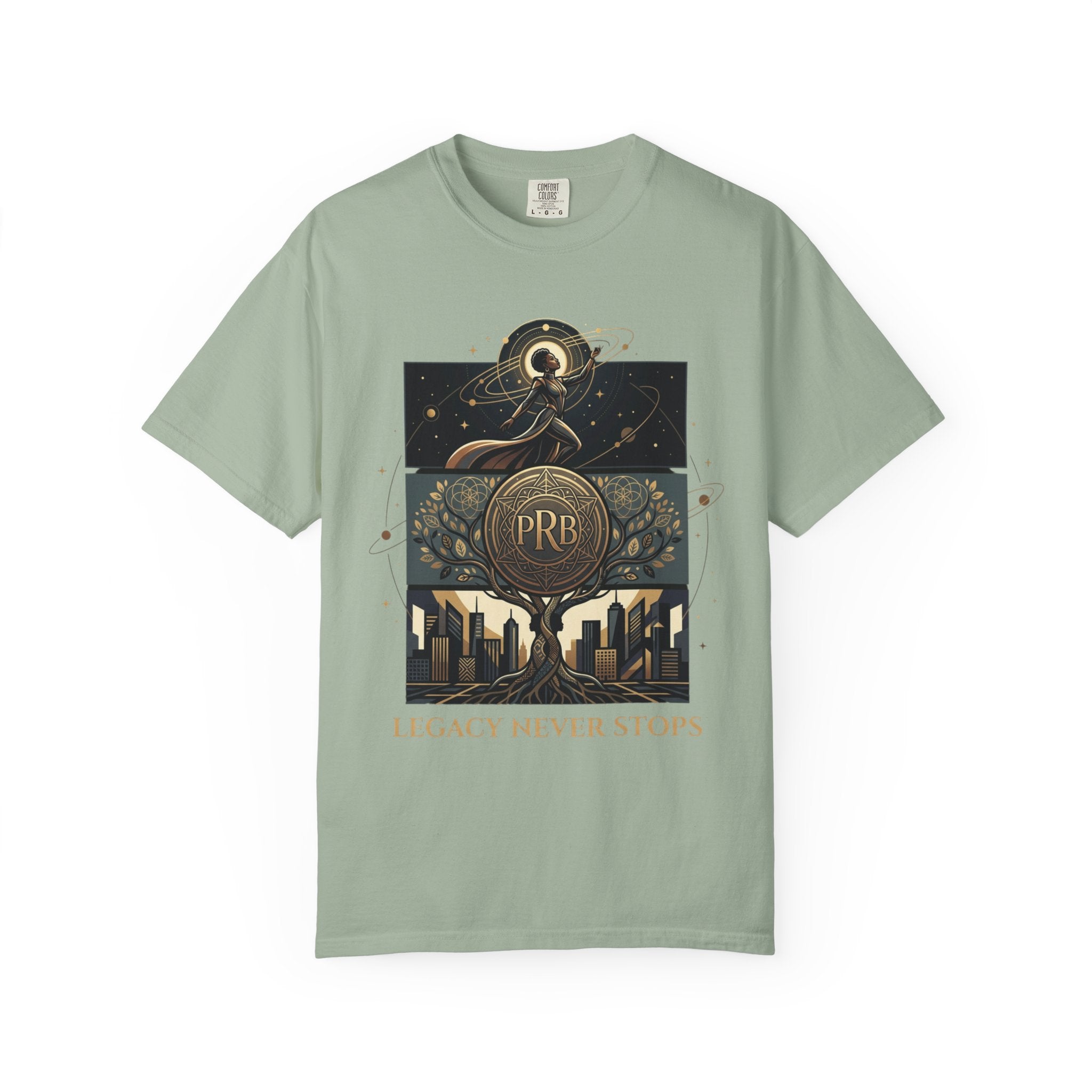 PRB Legacy Never Stops Graphic T-Shirt | Art Deco City Skyline Tee by Printify