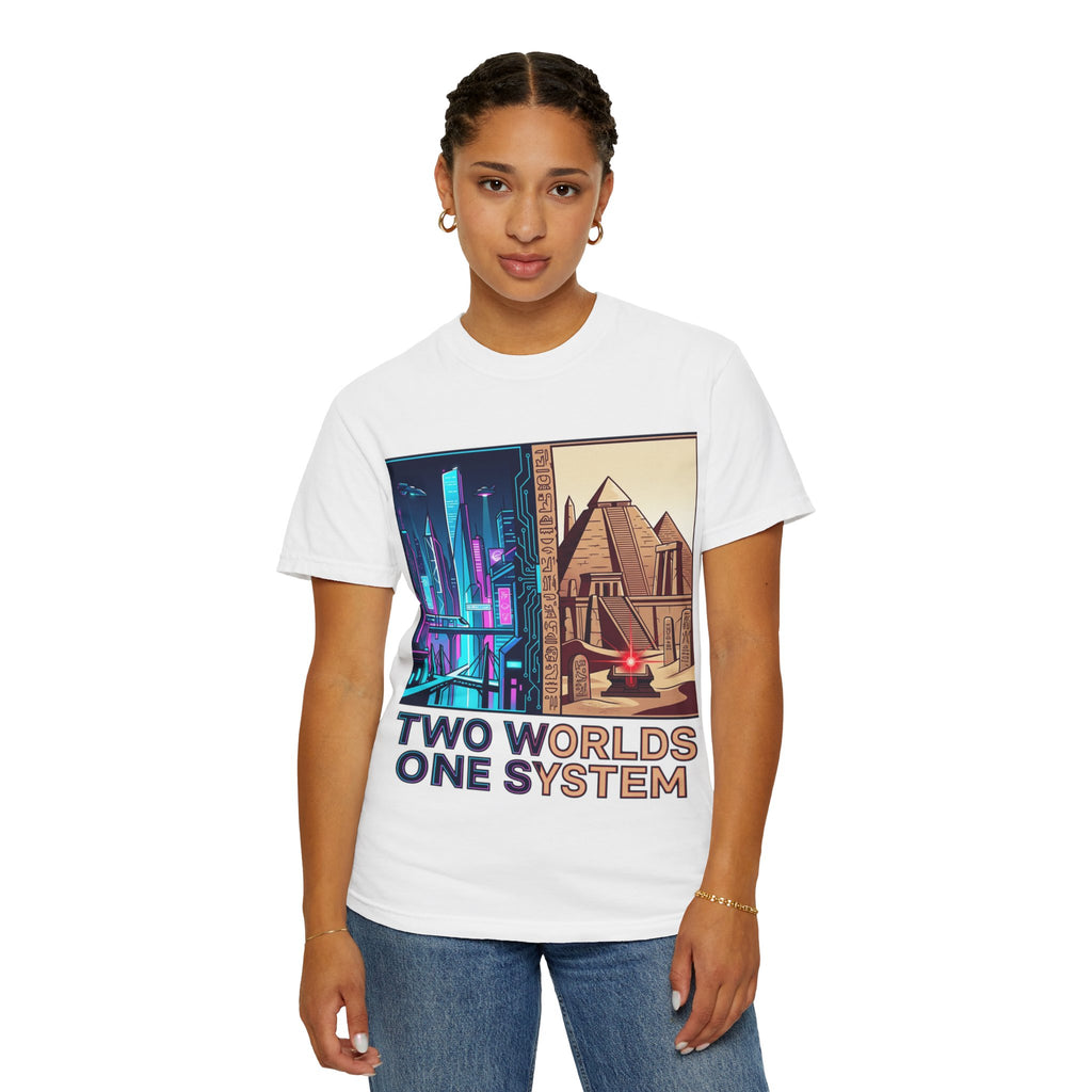 Power Runs Black PRB Blue Technopolis/ Red Dominion Two Worlds One System T-Shirt by Power Runs Black
