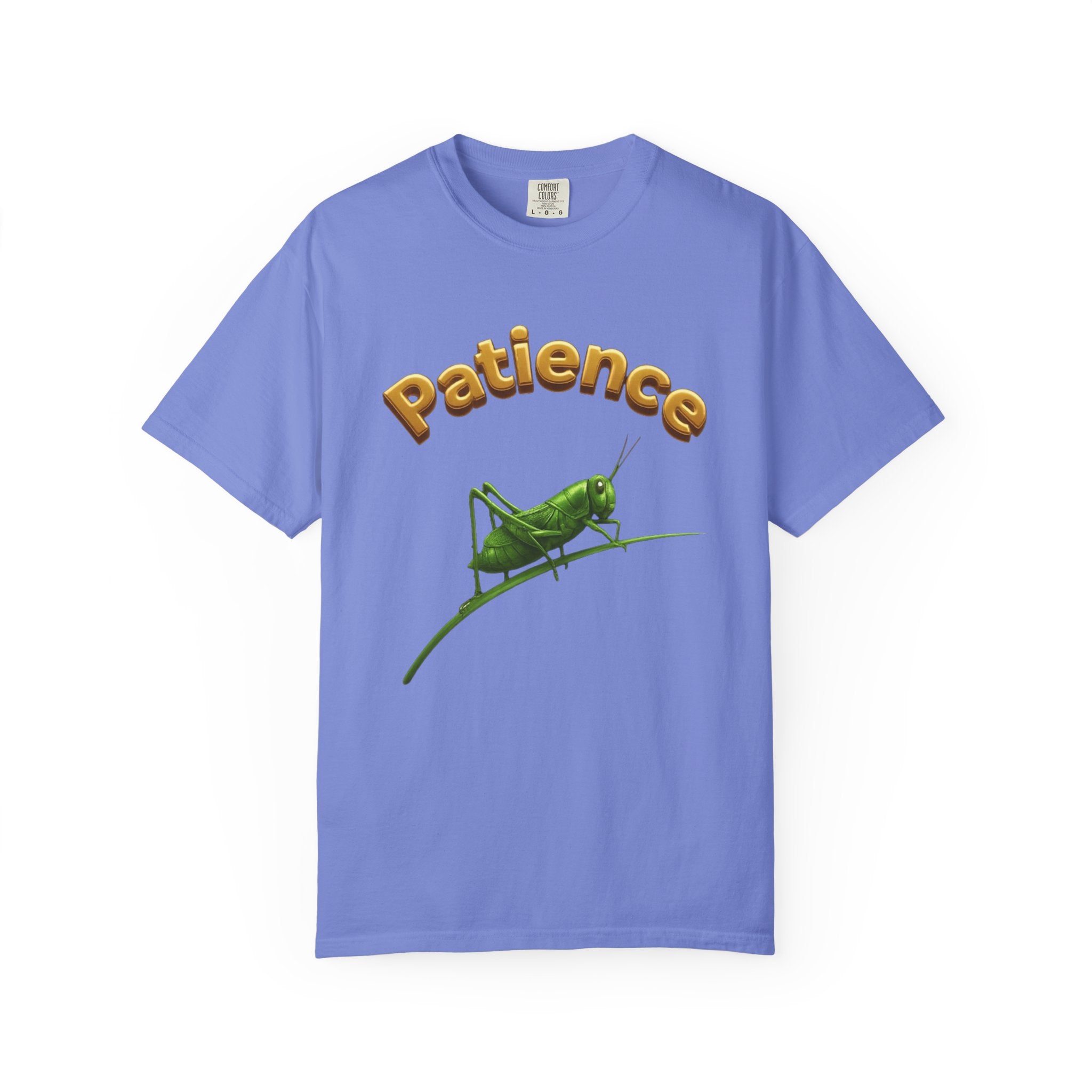 PRB Patience Grasshopper T-shirt | Green Grasshopper Illustration, Positive Quote by Power Runs Black