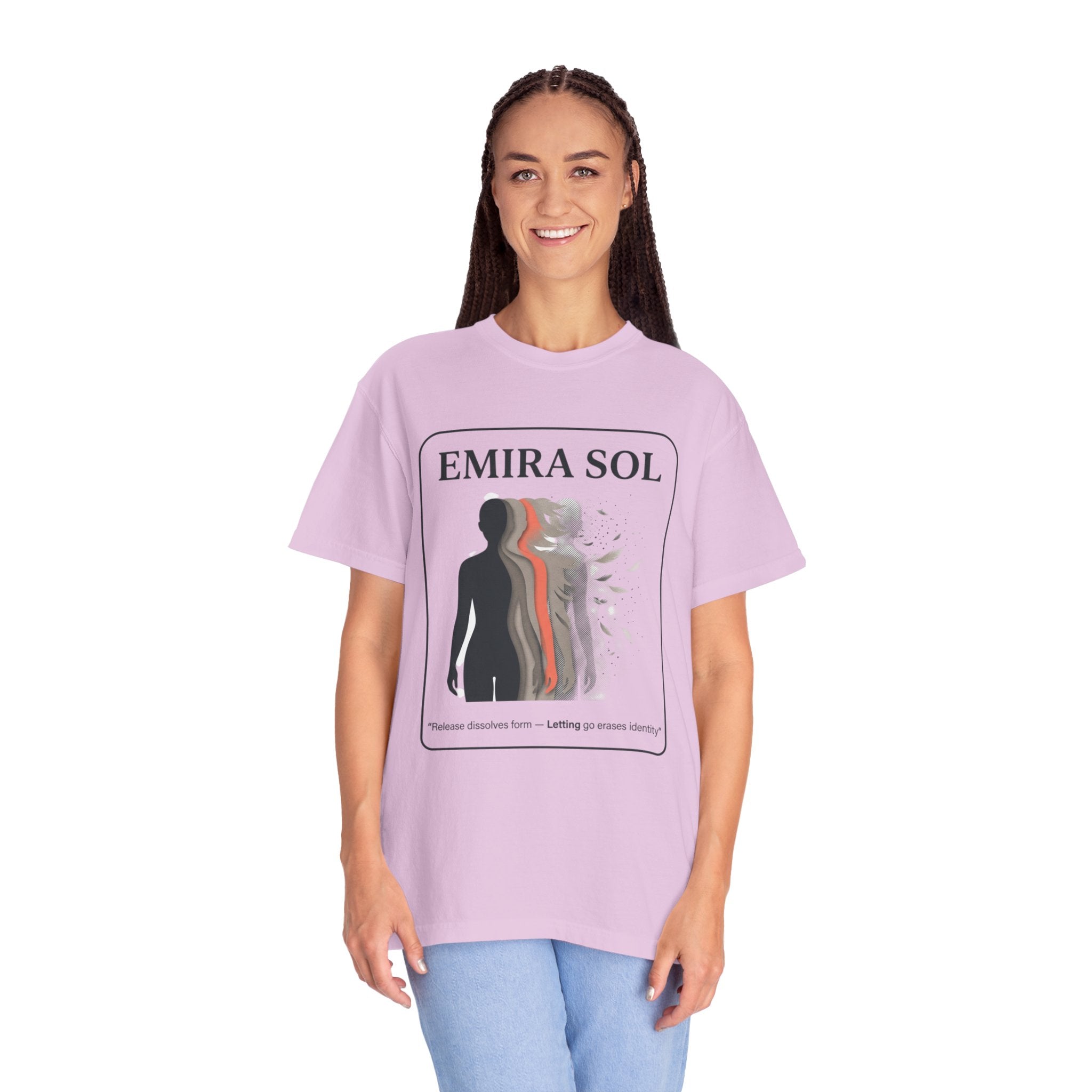 Power Runs Black PRB Emira Sol Graphic T-Shirt — Silhouette Art "Release Shadows" Tee by Printify
